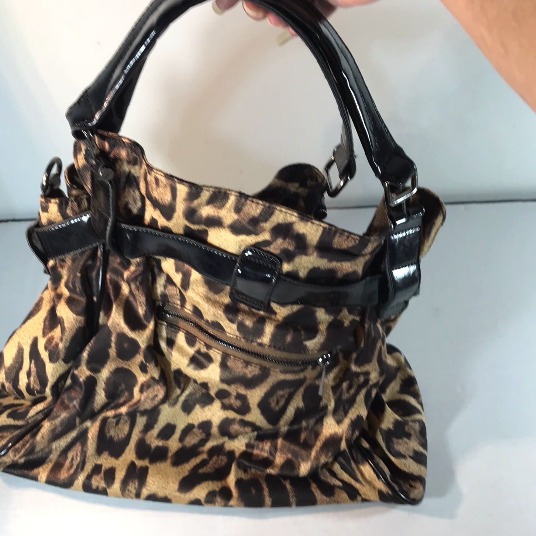 Vintage Vieta Animal Print Fabric Satchel Bag Women's Large Casual Business Travel Black Patent Leather Handles Size ONE SIZE - 4 Thumbnail