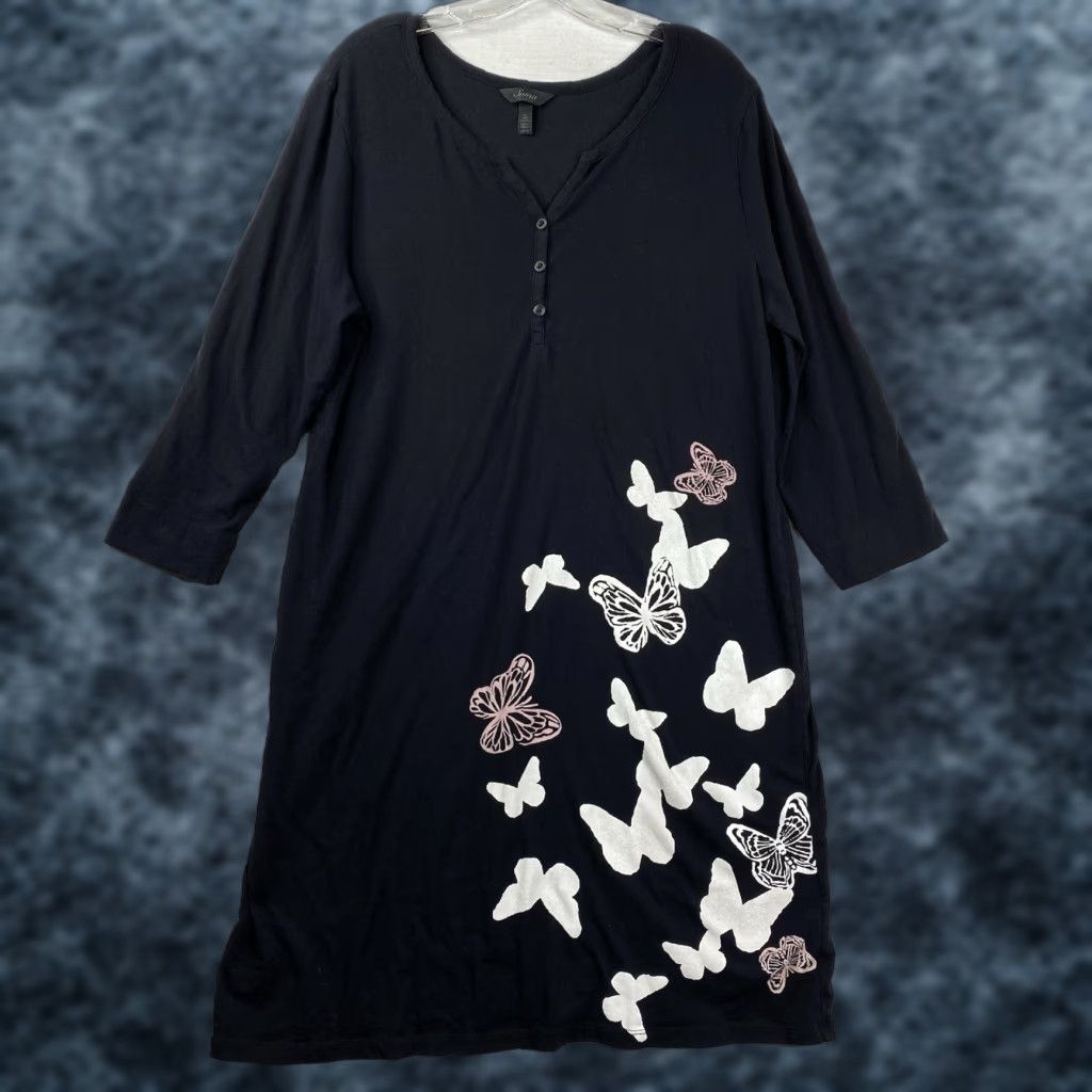 Vintage Soma Sleepshirt L Black Butterflies Cotton Pajamas Night Gown 3/4 Sleeve V-Neck Button Pullover Knit Women's Regular Size L / US 10 / IT 46 - 1 Thumbnail