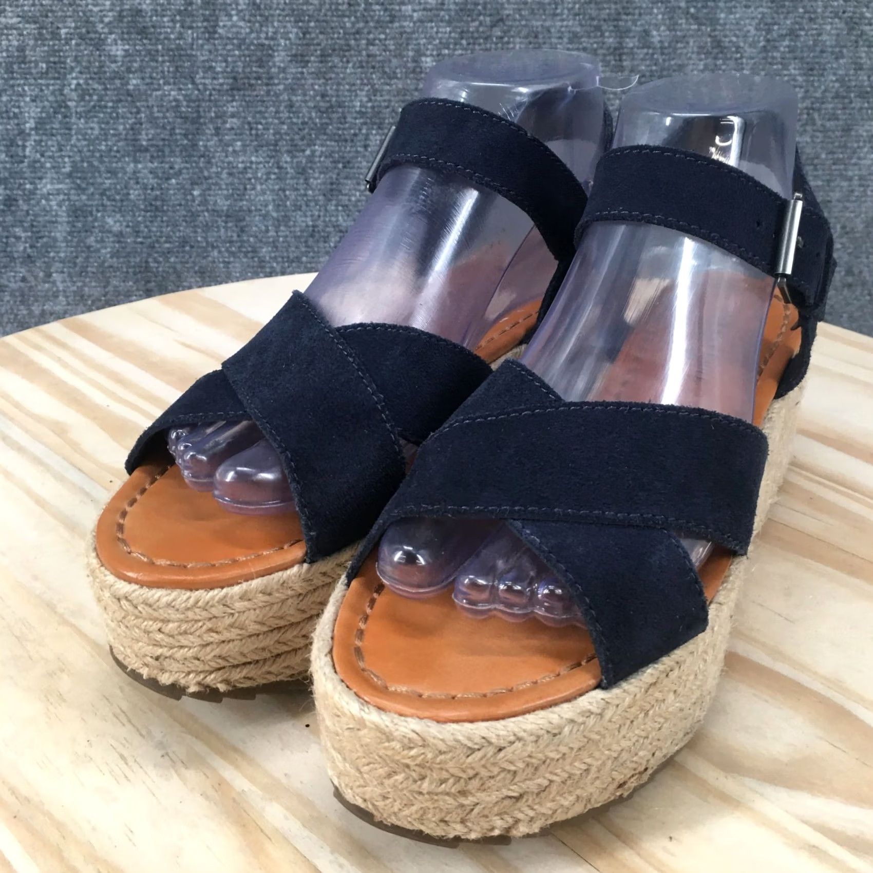 Vintage American Eagle Sandals Womens 7 Blue Fabric Platform Strappy Espadrile Wedge Size US 7 / IT 37 - 4 Thumbnail