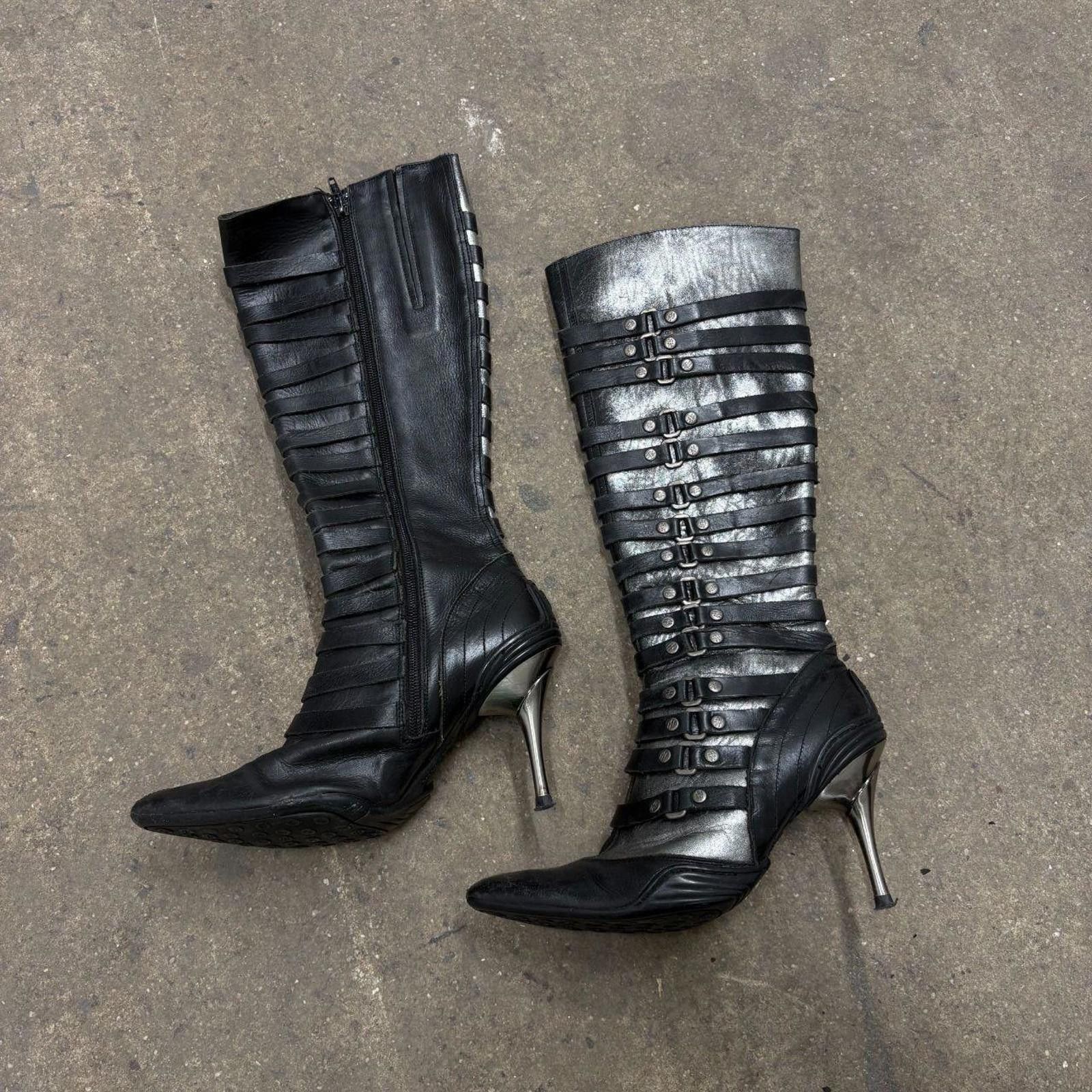 New Rock Vintage Y2K New Rock Black & Silver Metallic Stiletto Boots Size US 6.5 / IT 36.5 - 1 Thumbnail