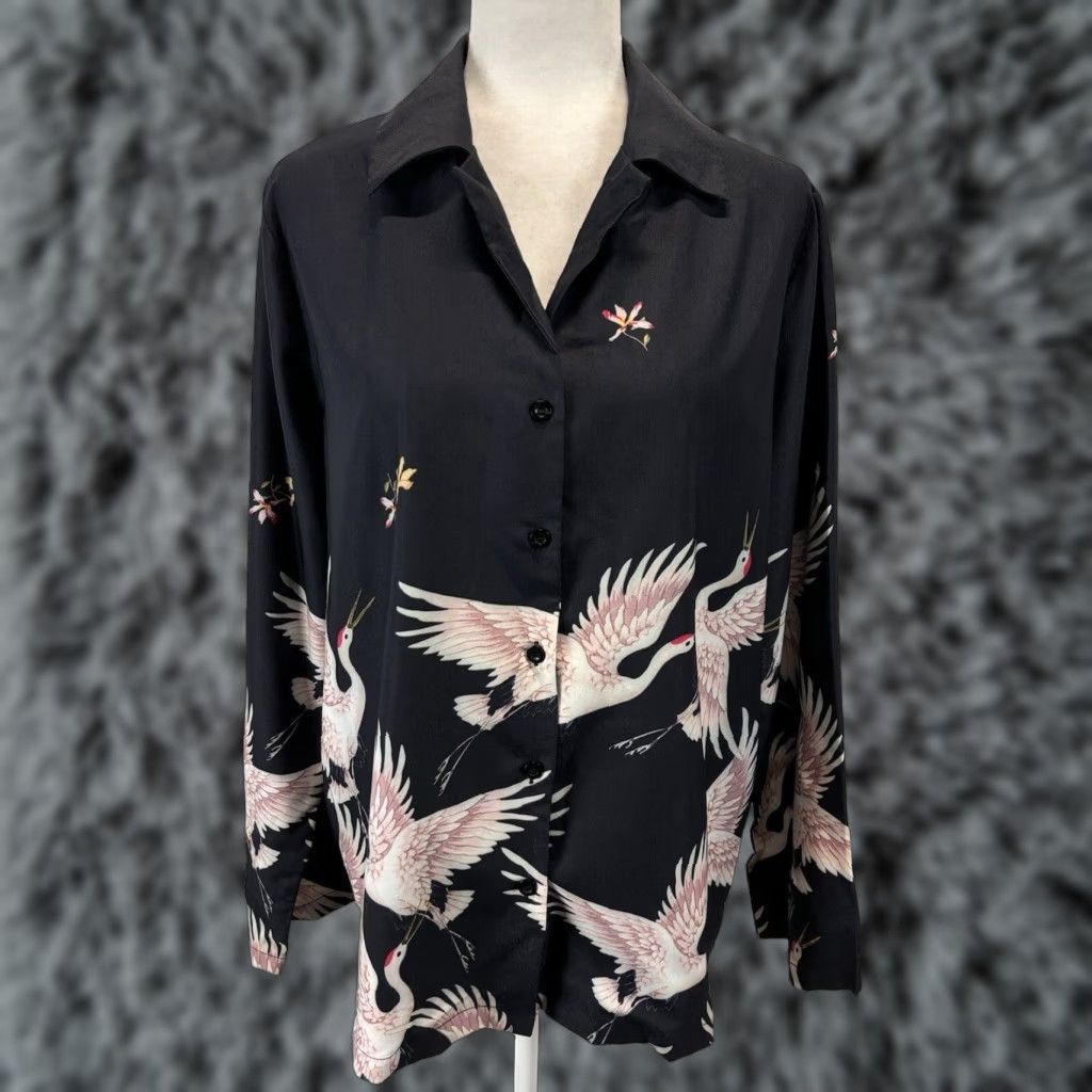 Gloverall Lai Meng Five Cats Crane Button Up Blouse Womens Large Black All Over Print Shirt Size L / US 10 / IT 46 - 1 Thumbnail