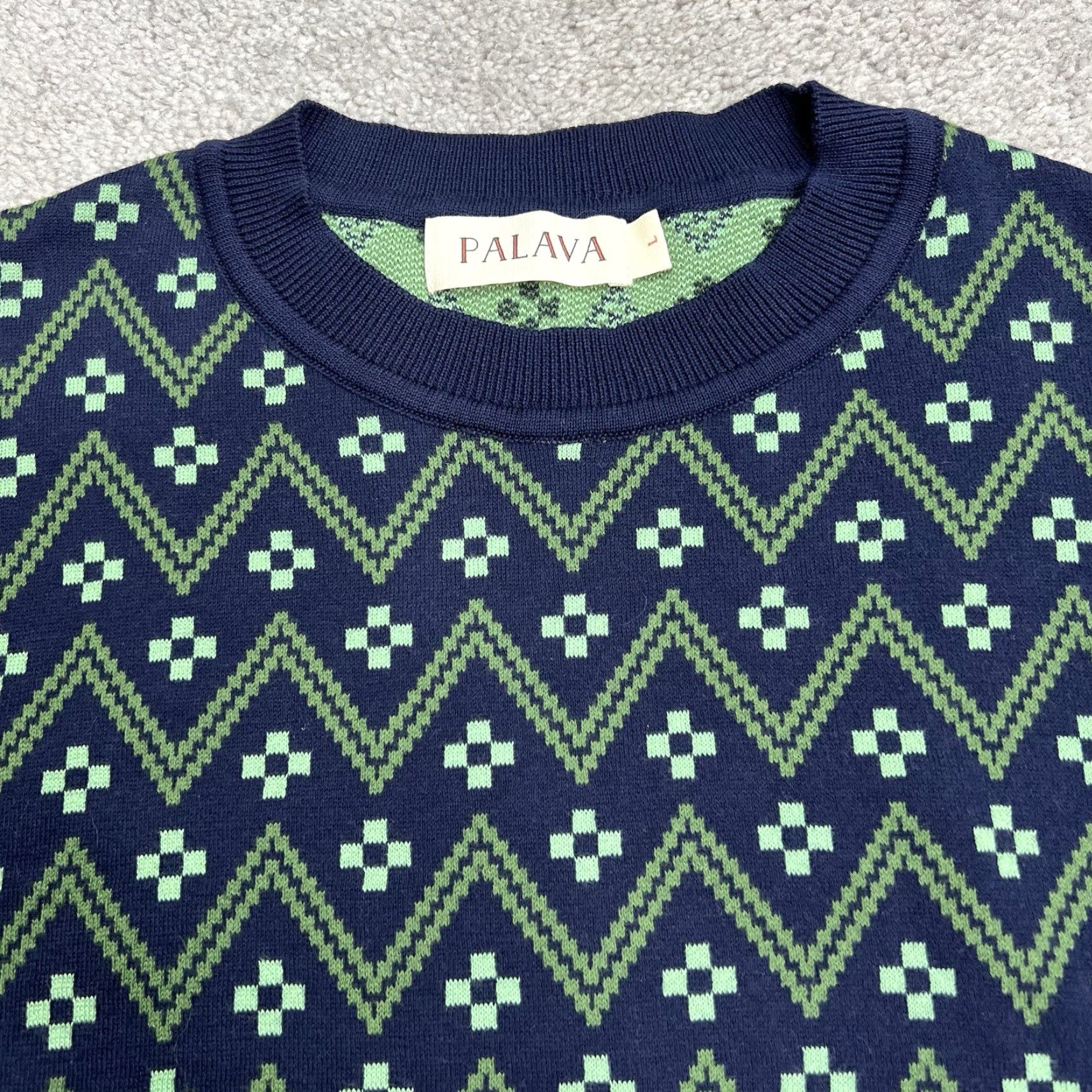 Vintage VINTAGE Palava Sweater Women’s Large Green Blue Knit Geometric Pullover Cotton Organic Size L / US 10 / IT 46 - 3 Thumbnail