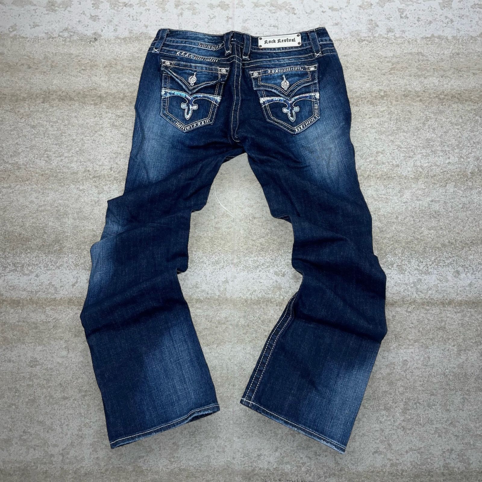 image of Crazy Vintage Y2K Rock Revival Jeans Bootcut Fit Dark Wash in Blue, Men's (Size 30)