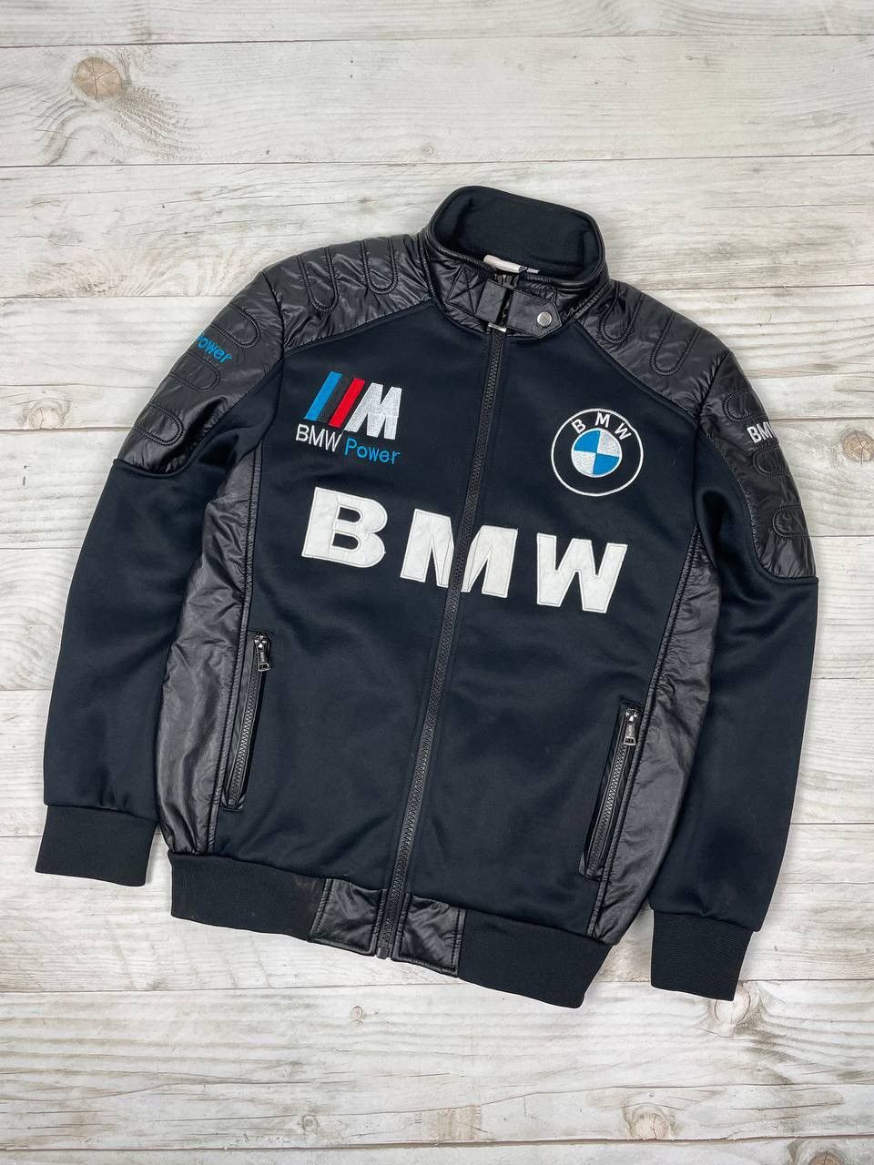 image of Vintage Bmw Power Racing Bomber Leather Jacket in Black, Men's (Size Large)