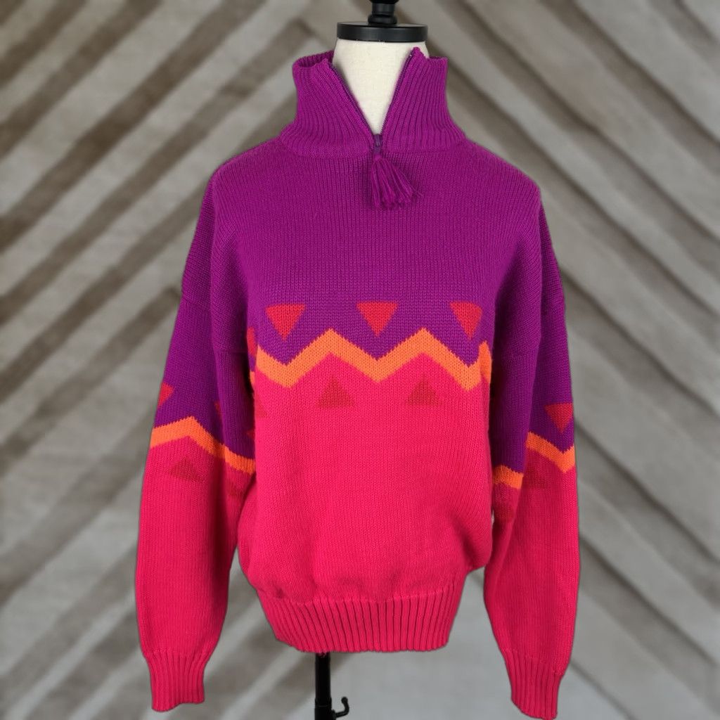 Vintage Obermeyer Womens Ski Sweater L Neon Pink Orange 80s Retro