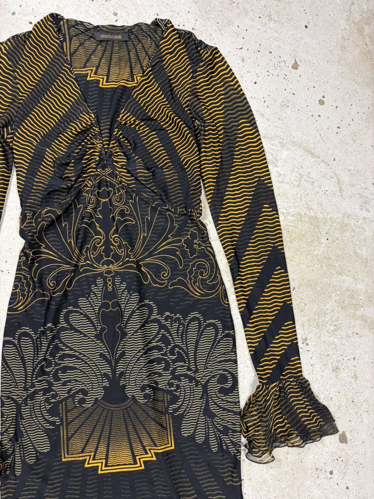 Roberto Cavalli Roberto Cavalli 2007 Gold & Black Printed Ruched Dress Size XS / US 0-2 / IT 36-38 - 6 Thumbnail