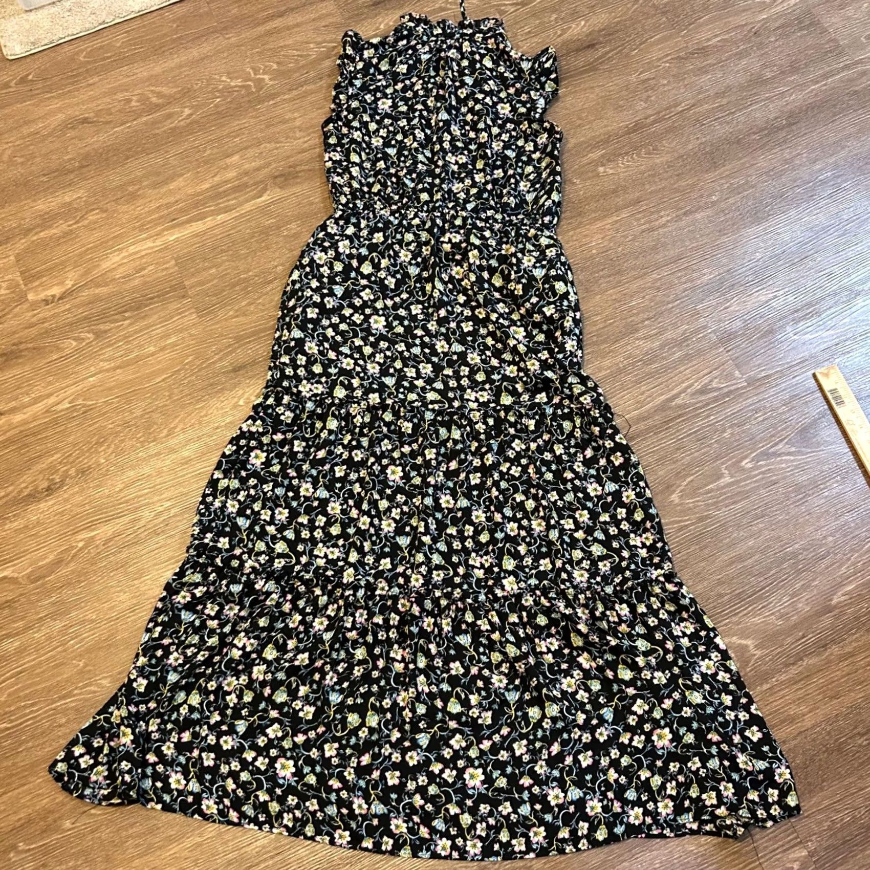 Vintage Who What Wear Floral Maxi Dress Sleeveless Black Women Medium Ruffle Trim Button Down Casual Summer Boho Dress Size M / US 6-8 / IT 42-44 - 4 Thumbnail