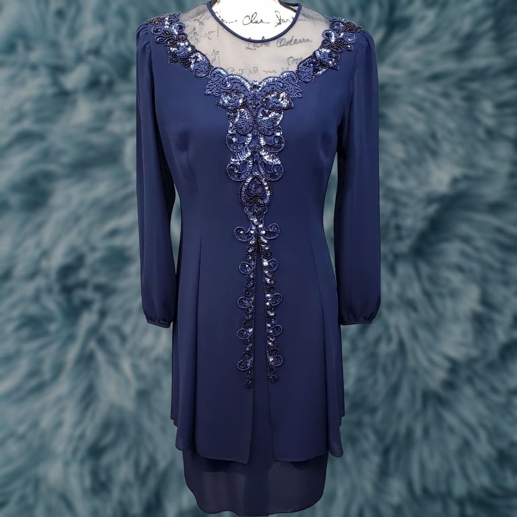 Vintage Ursula Dress Womens 6P Navy Beaded Embellished Shoulder Pads Back Zip Midi Dress Size M / US 6-8 / IT 42-44 - 1 Thumbnail