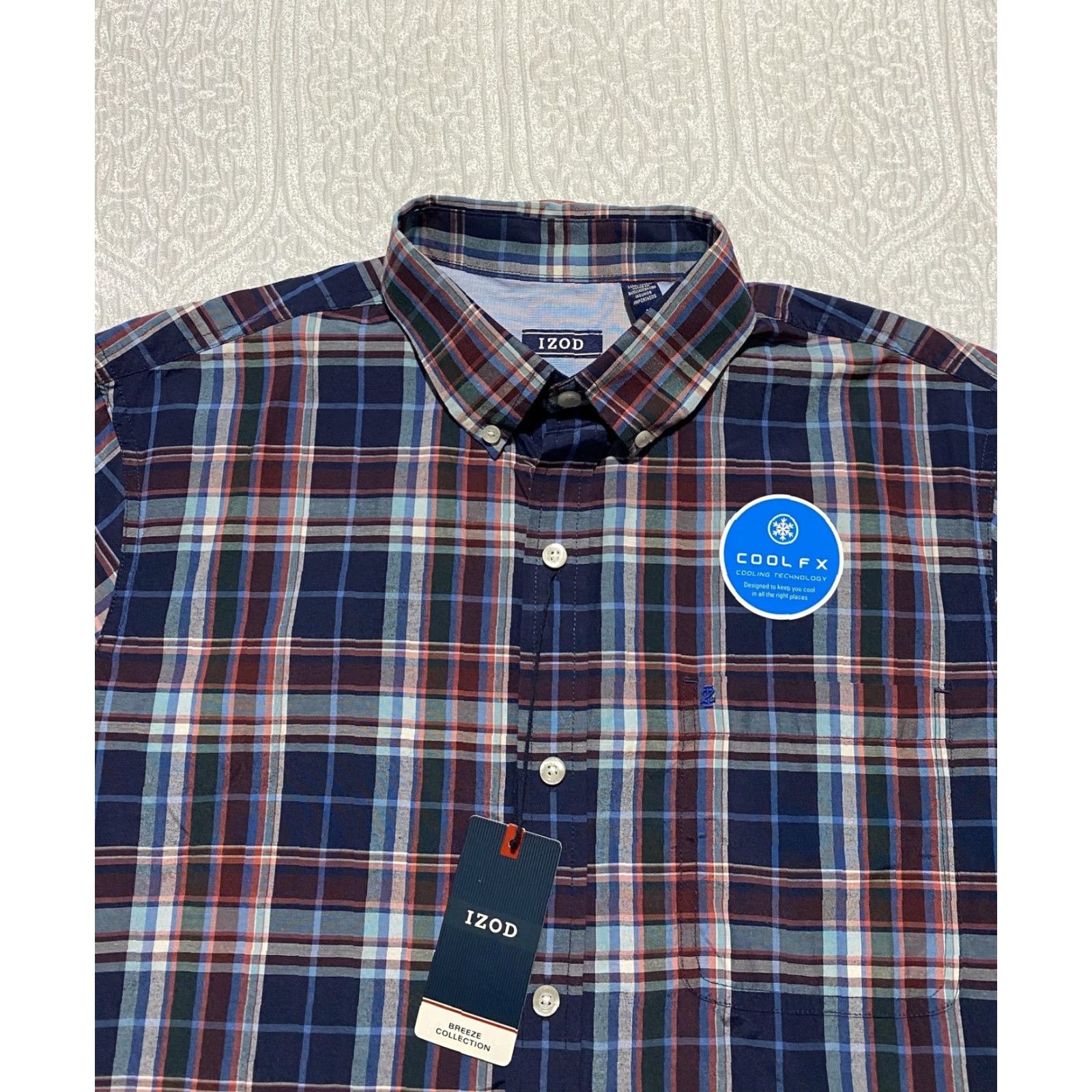 Izod IZOD Shirt Mens Medium Blue Red Plaid Short Sleeve Button Down Cool FX Breeze Size US M / EU 48-50 / 2 - 8 Thumbnail