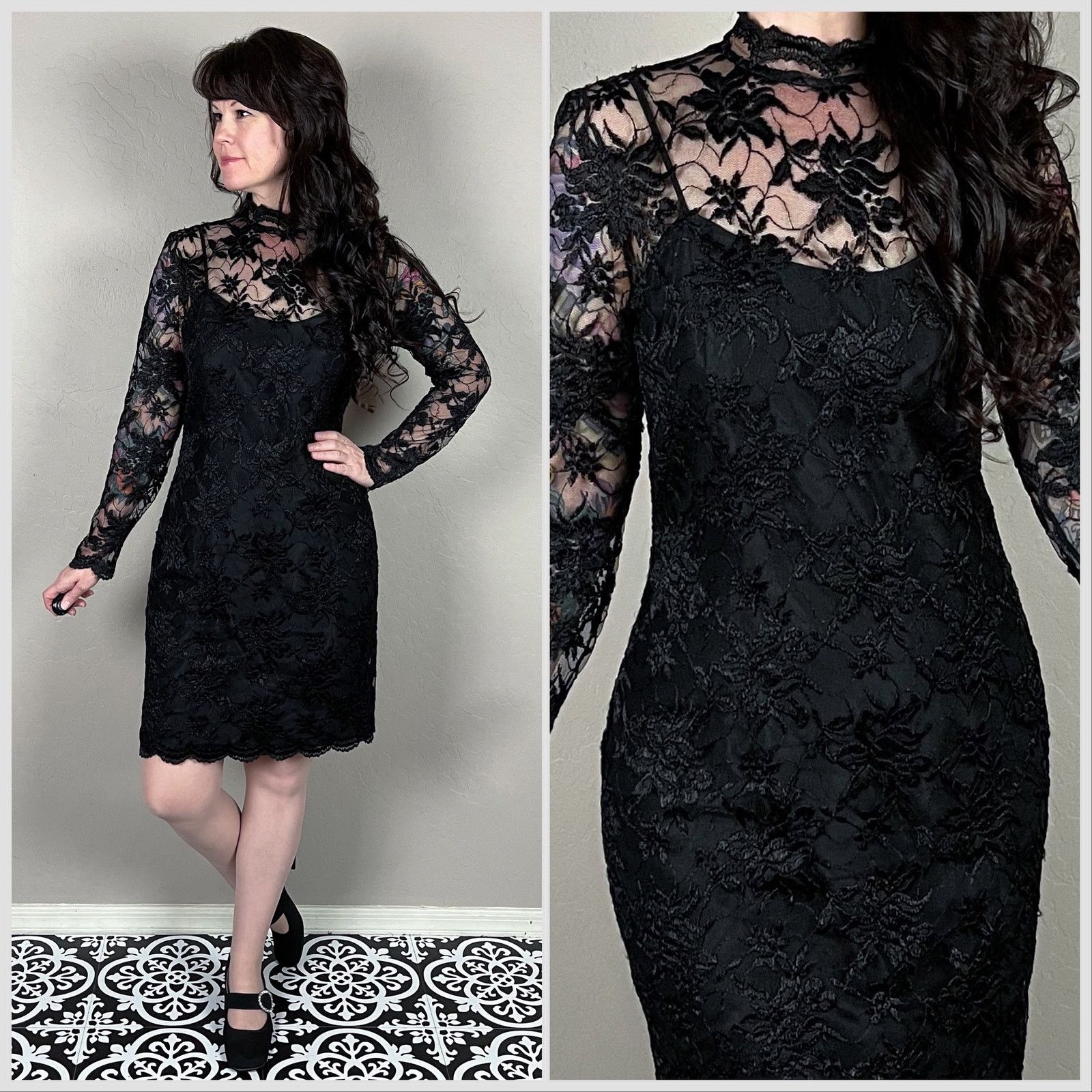 Vintage Vintage 1980s Black Lace Illusion Long Sleeve Mini Dress Size S / US 4 / IT 40 - 1 Thumbnail