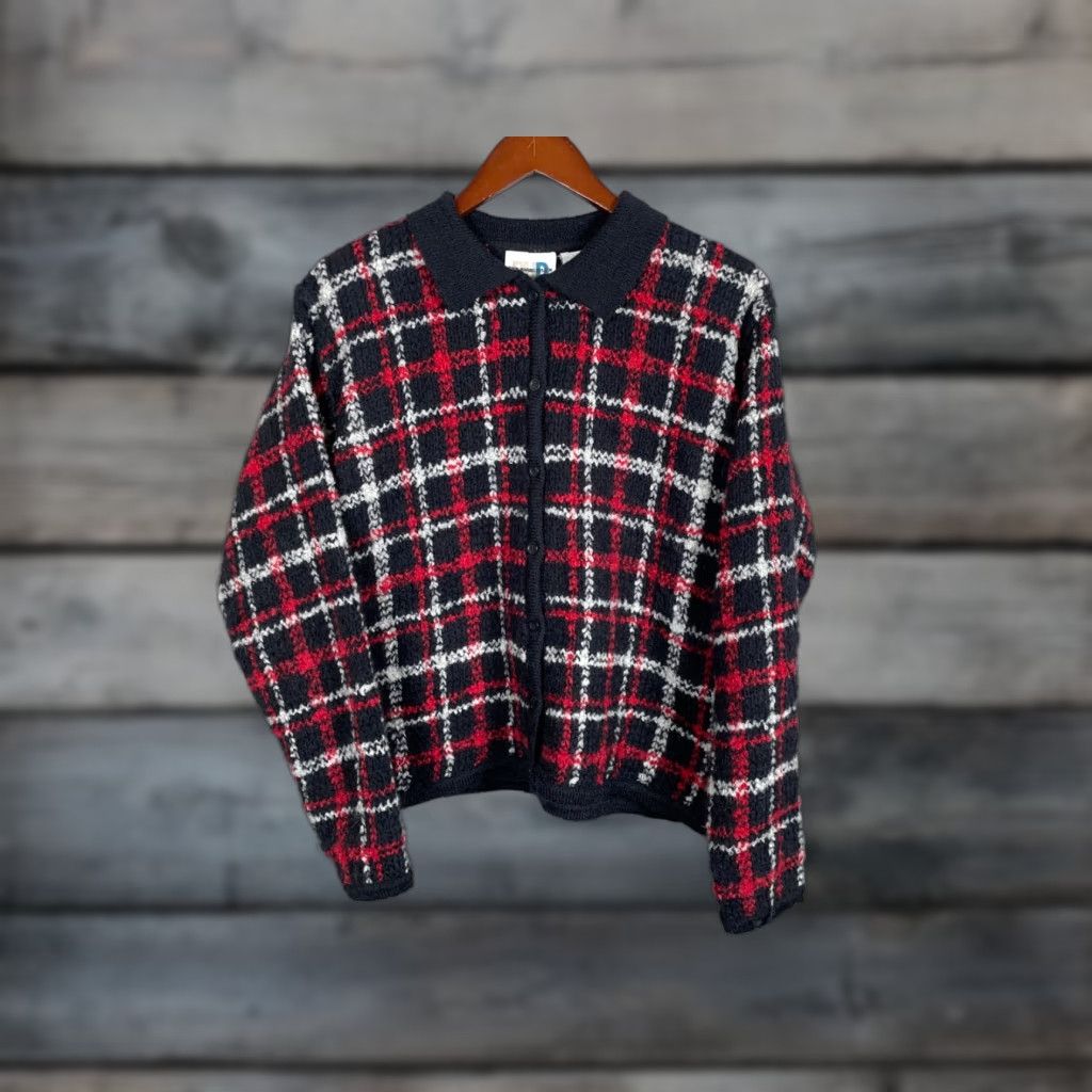 Vintage Vintage Yes Paul Harris Mohair Blend Cardigan Women's Large Red Black Plaid Sweater Collared Size L / US 10 / IT 46 - 1 Thumbnail