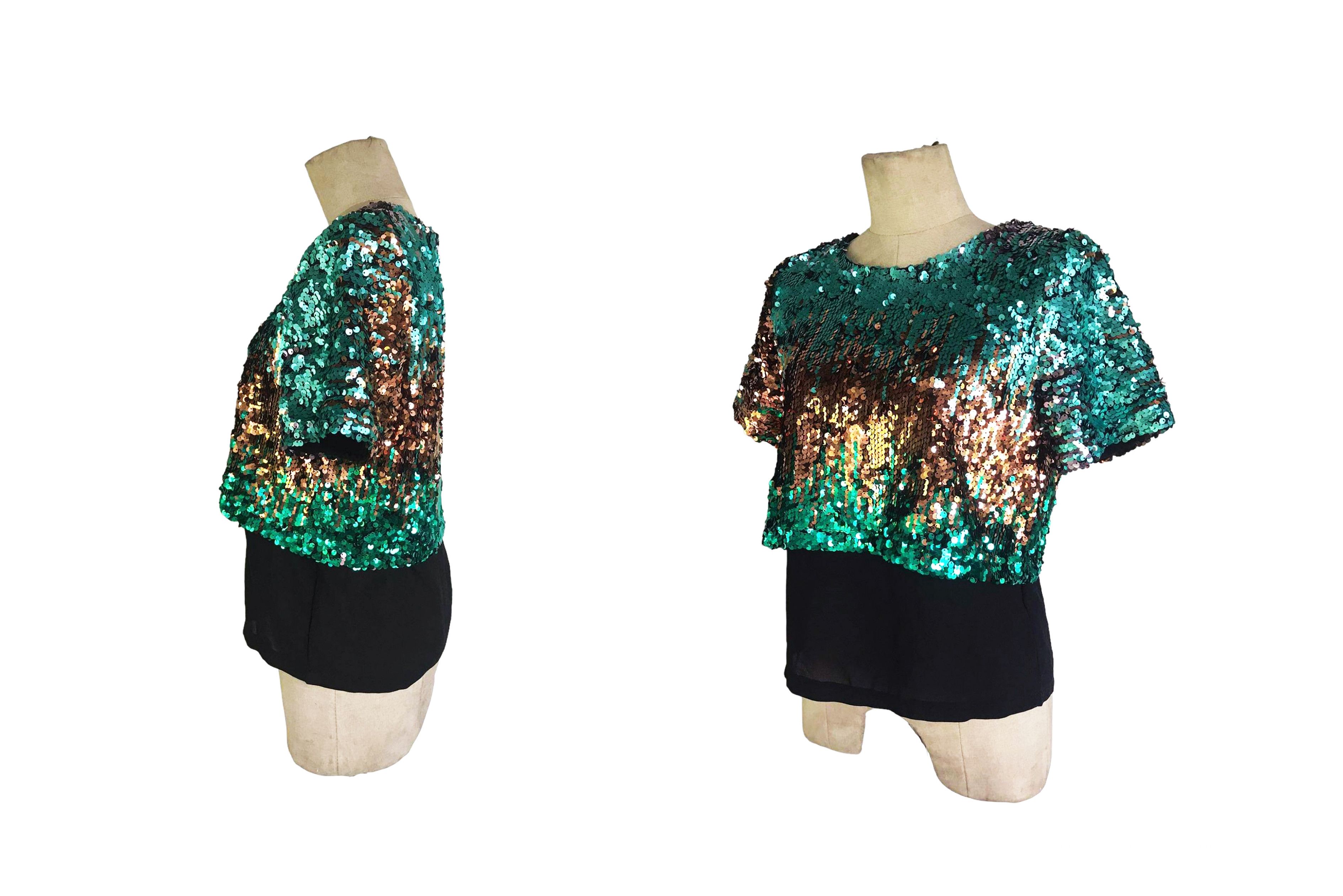 Vintage Green and Bronze sequin Blouse, sheer chiffon layered Size M / US 6-8 / IT 42-44 - 6 Thumbnail