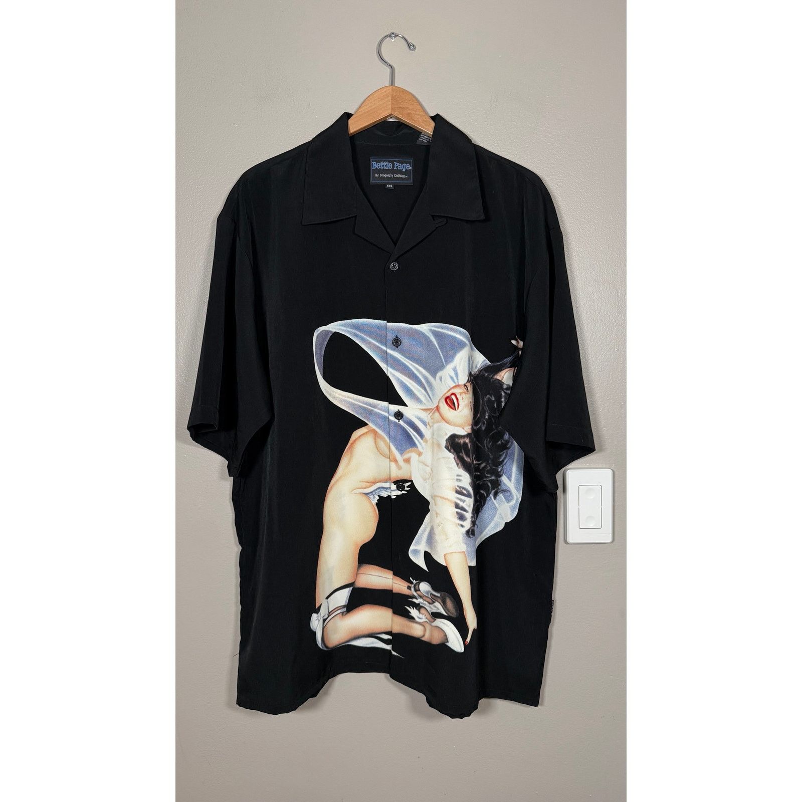 Vintage Y2K Bettie Page Dragonfly Button Up Lounge Shirt XXL