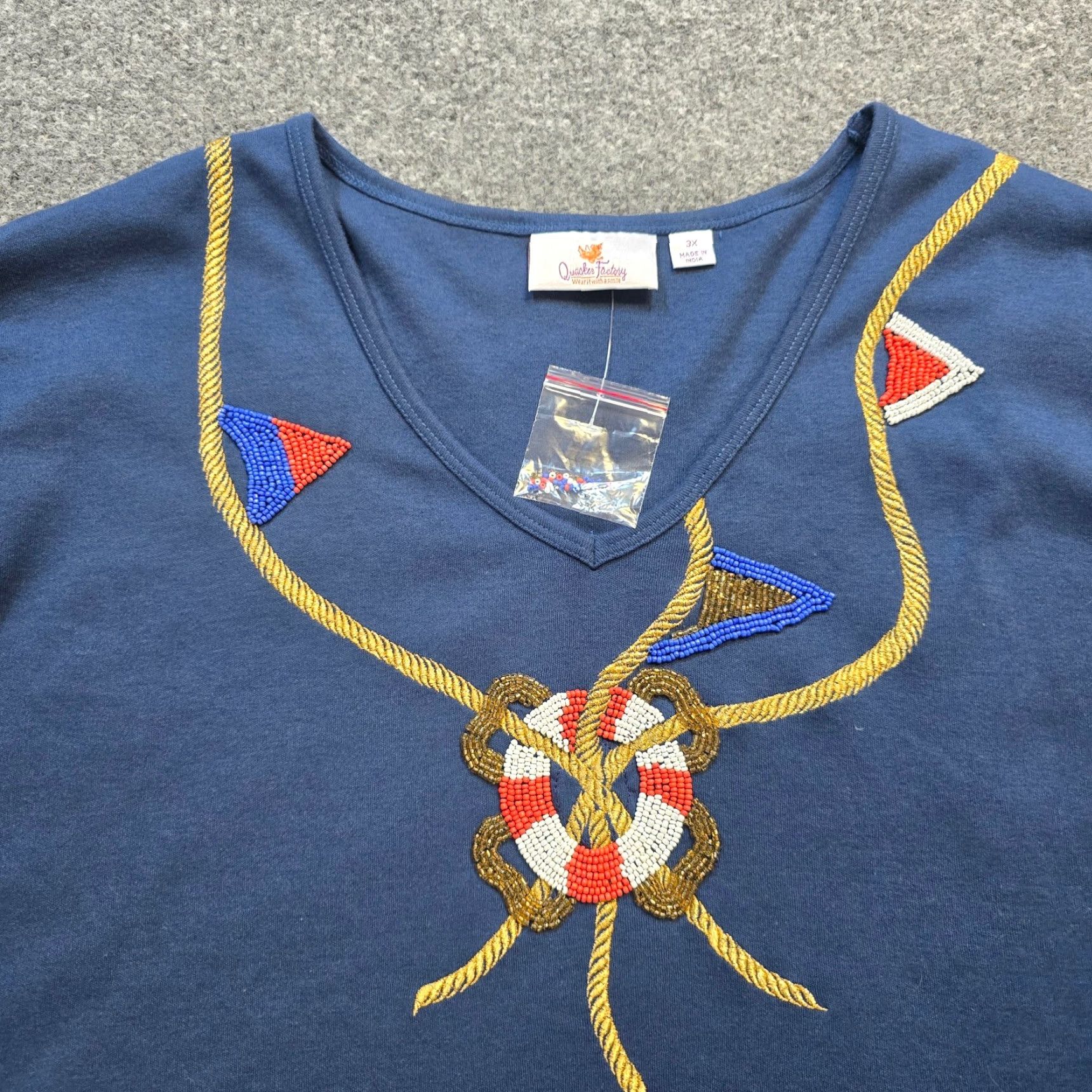 Quacker Factory Quacker Factory Top Women 3X Blue Anchors Embroidered Nautical Classic Casual Blouse | Plus Size Knit Cotton 3/4 Sleeve Round Neck Pullover Womens Size XXL / US 16-18 / IT 52-54 - 2 Thumbnail