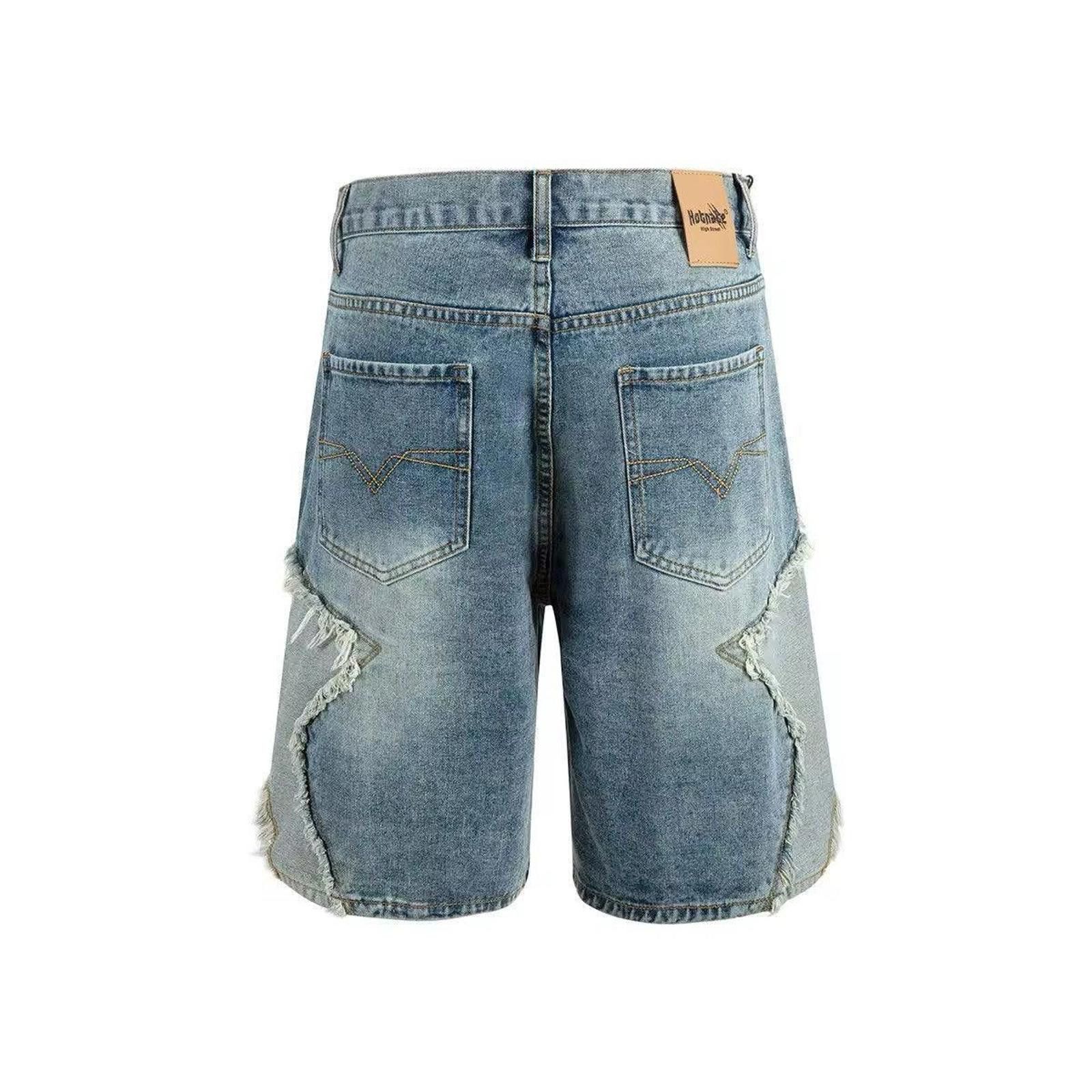 Stars Patchwork Washed Baggy Shorts, Embroidered Shorts