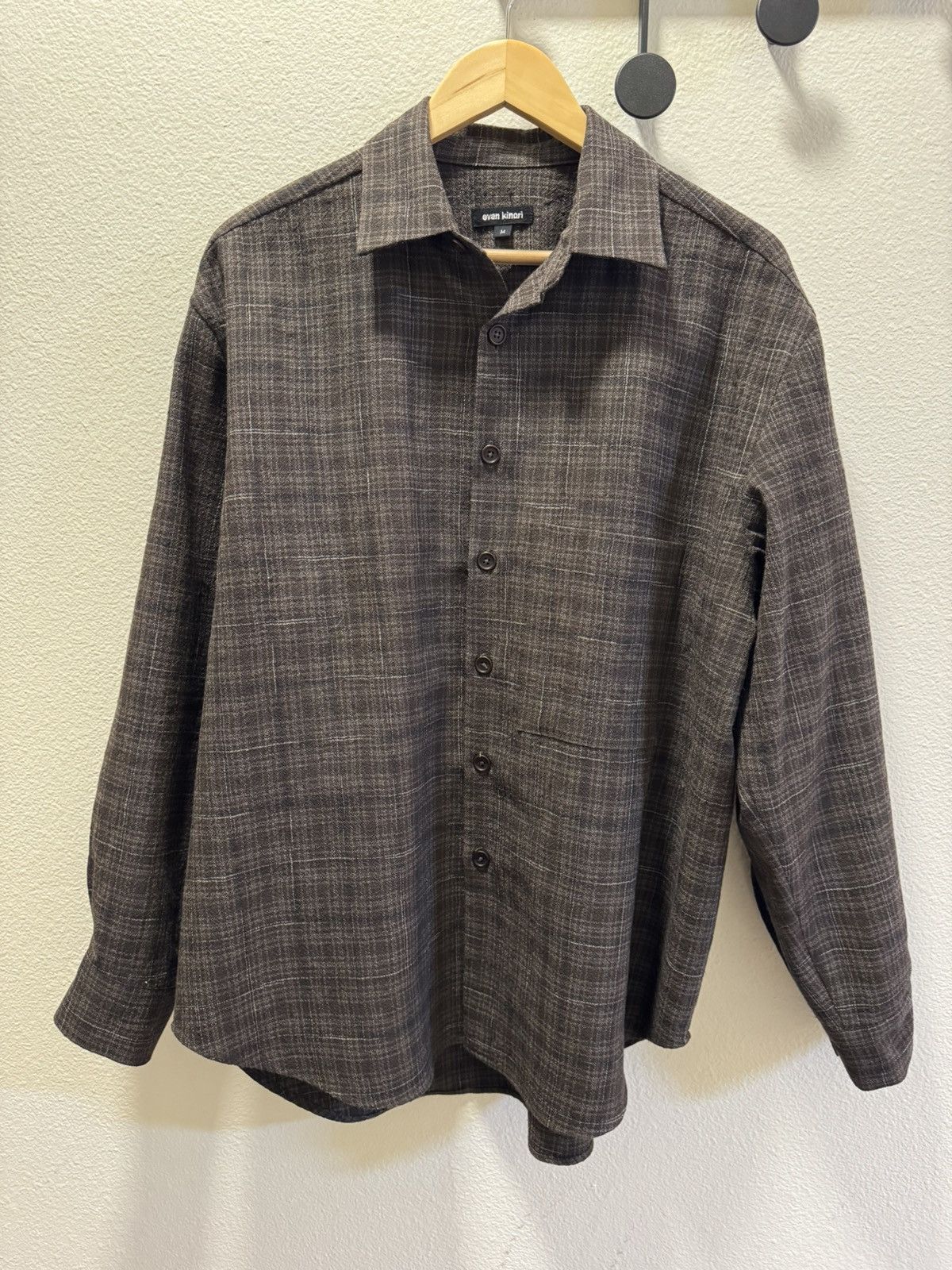 Pre-owned Evan Kinori Big Shirt Two - Kasuri Wool Check In Brown