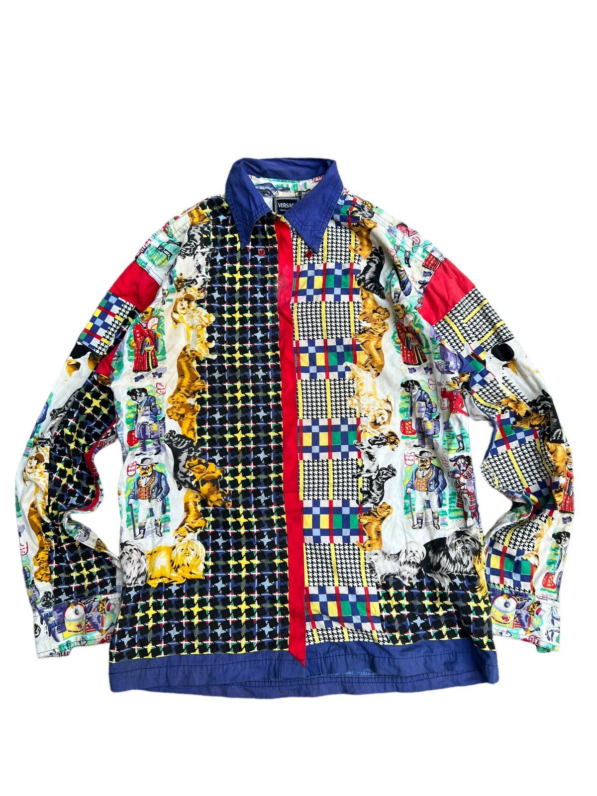 image of 1990’S Gianni Versace Cotton Dog And Hounds Tooth Shirt, Men's (Size Medium)