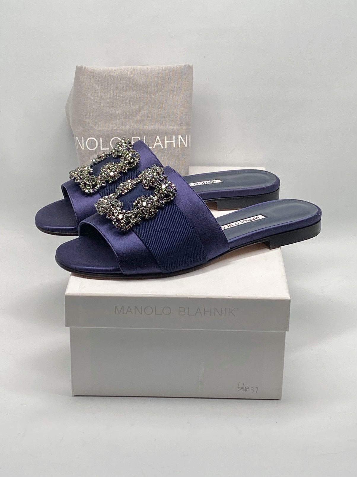 Manolo Blahnik Manolo Blahnik Navy Satin Jewel Buckled Flat Sandals size 37 Size US 7 / IT 37 - 10 Thumbnail