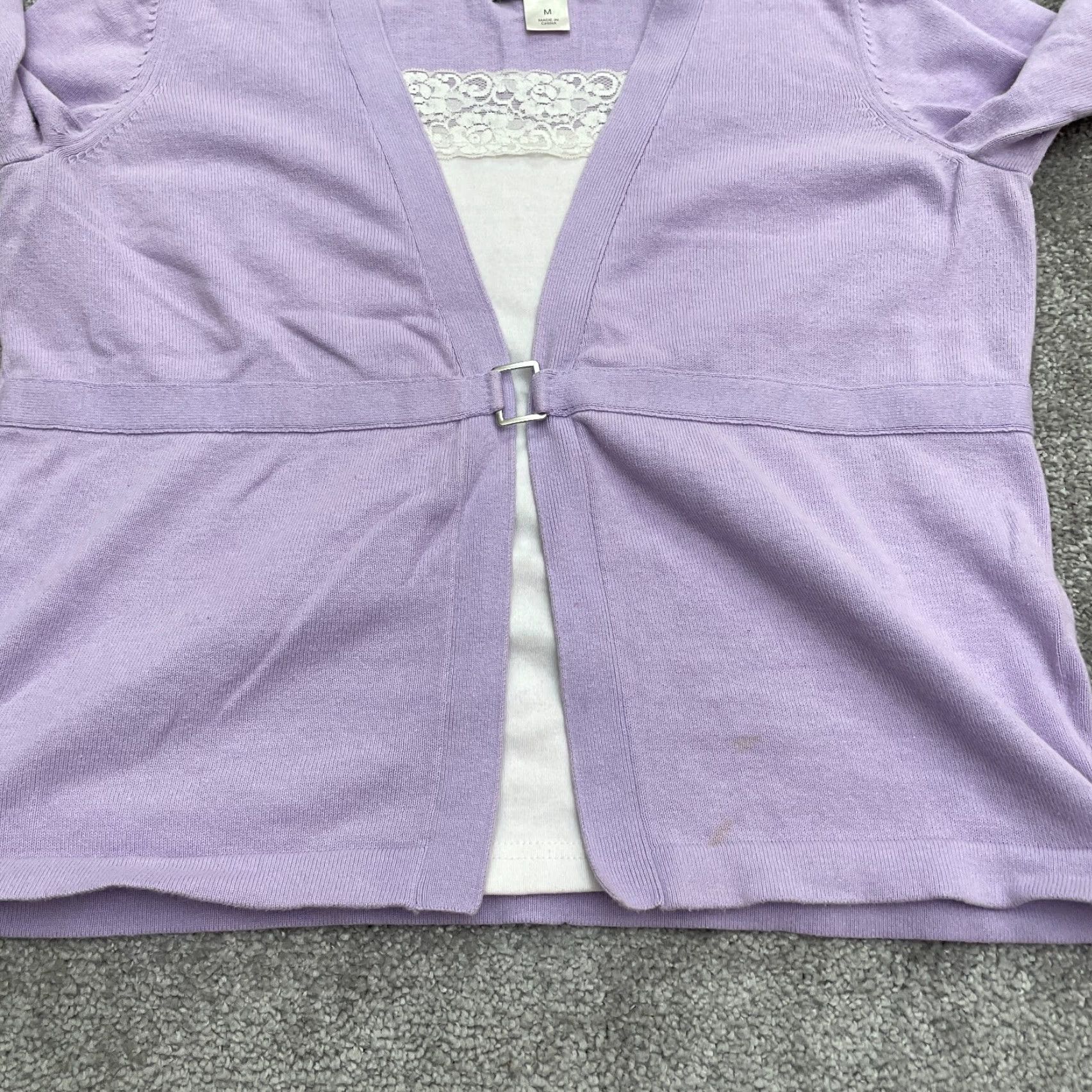 Vintage Christopher & Banks Cardigan Sweater Womens Medium Purple Knit Casual Lace Solid 100% Cotton - Fall Spring - Regular Size M Womens Size M / US 6-8 / IT 42-44 - 4 Thumbnail