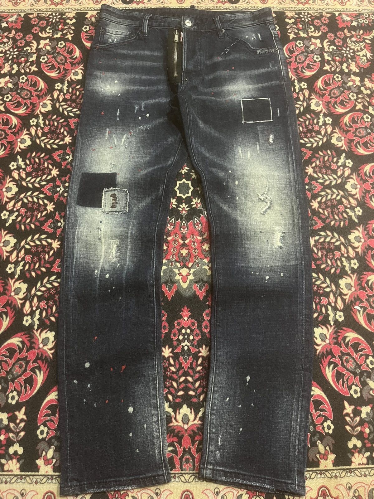 Dsquared2 Paint Splattered Patches Dark Blue Washed Jeans
