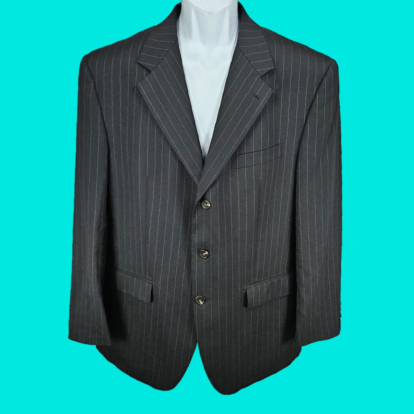 Chaps Chaps Blazer Sport Coat 42R Black 100% Wool Pinstriped Notch Vented 3 Button Single-Breasted Mens Jacket Size 42R - 1 Thumbnail