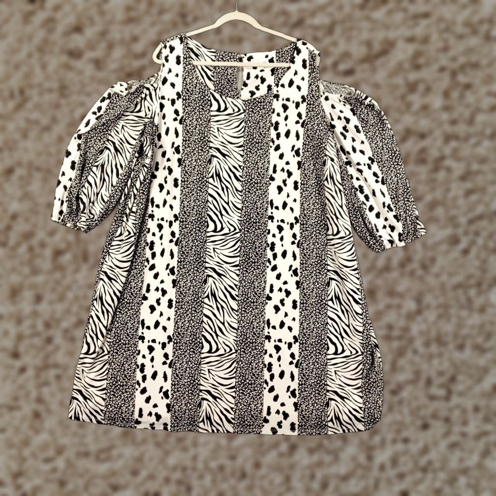 Vintage Womens Animal Print Dress Size 26W 28W Black White Mixed Pattern Cold Shoulder Size 4XL / US 24-26 - 1 Thumbnail