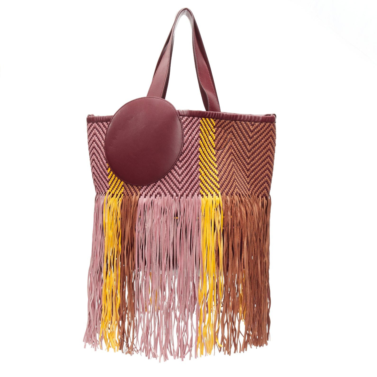 ROKSANDA Eider brown burgundy yellow calfskin leather woven fringe large tote bag