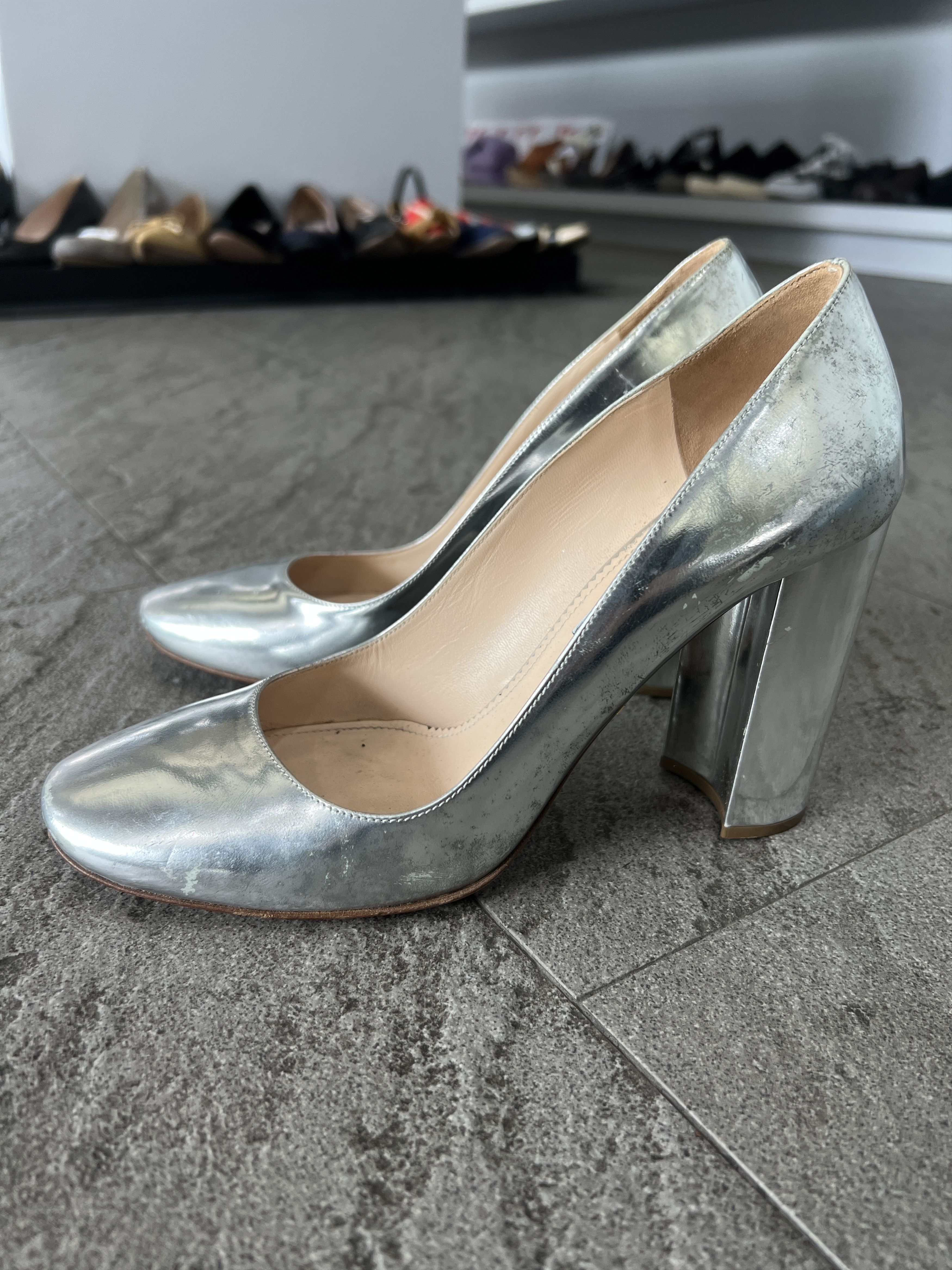Prada Prada Silver Metallic Block Heel Pumps EU38 Size US 8 / IT 38 - 3 Thumbnail