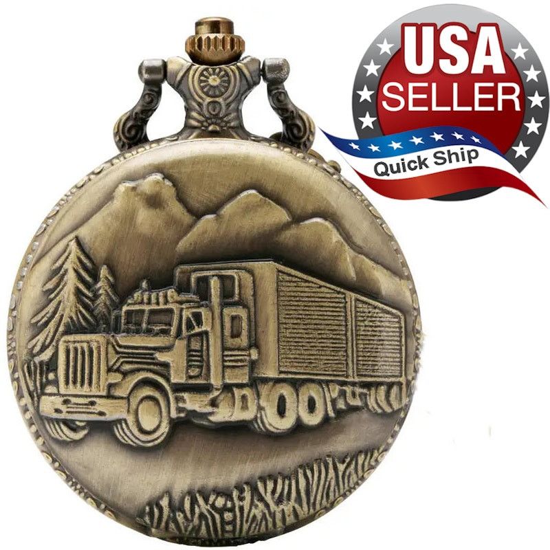 Other Pocket Watch & Chain • Semi Truck • Trucker • Aged Bronze Size ONE SIZE - 1 Thumbnail