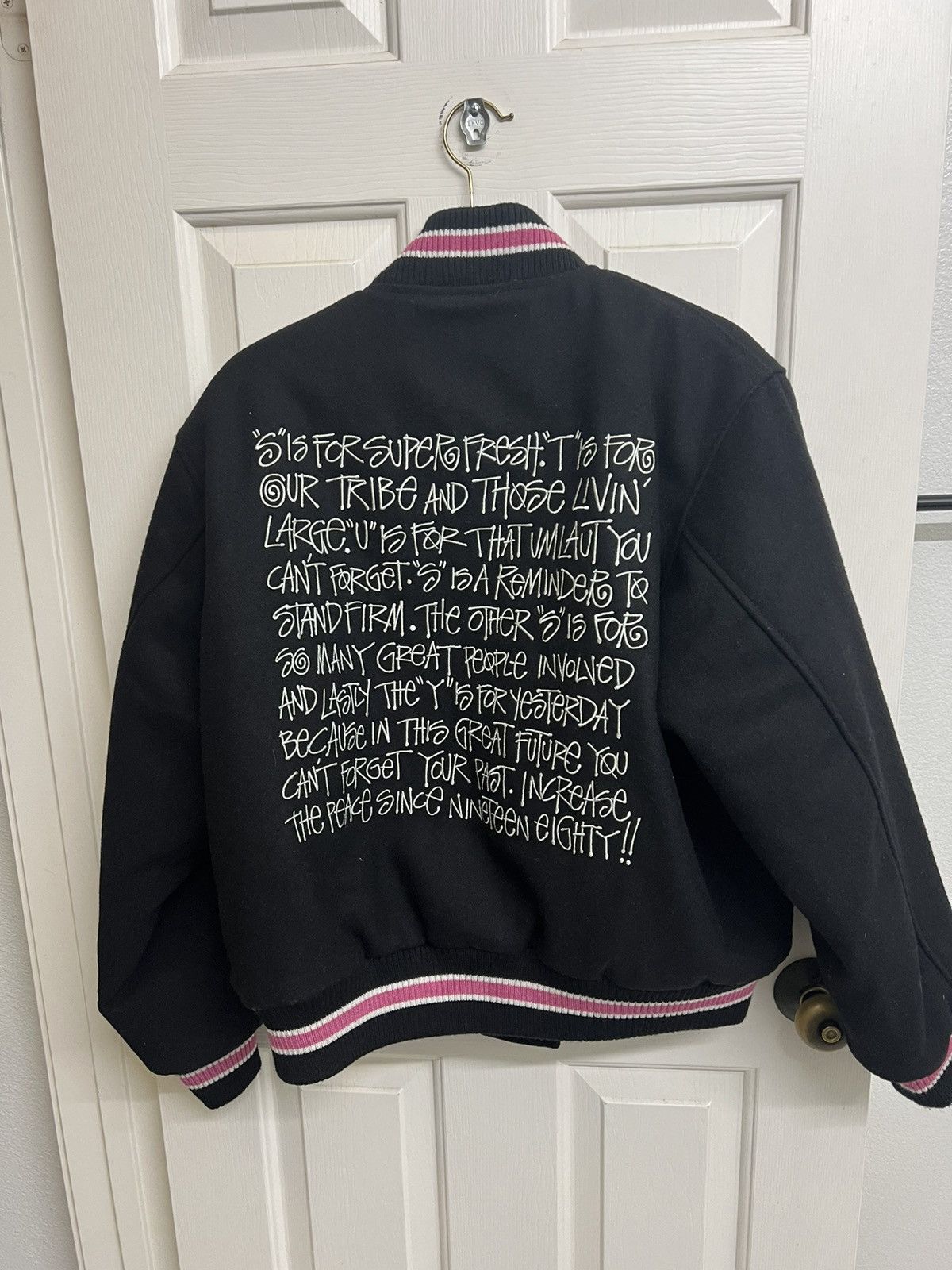 image of Stussy S Talk Melton Varsity Jacket in Black, Men's (Size Small)