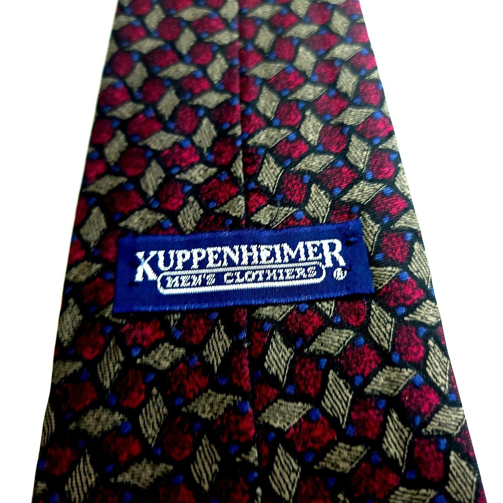 Designer Kuppenheimer Red Blue Tan Print Abstract Geometric Silk Tie Size ONE SIZE - 3 Thumbnail
