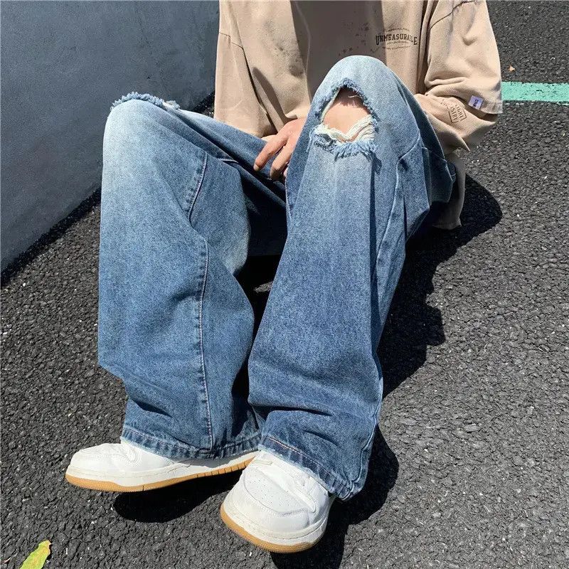 Retro wide leg hip-hop ripped jeans