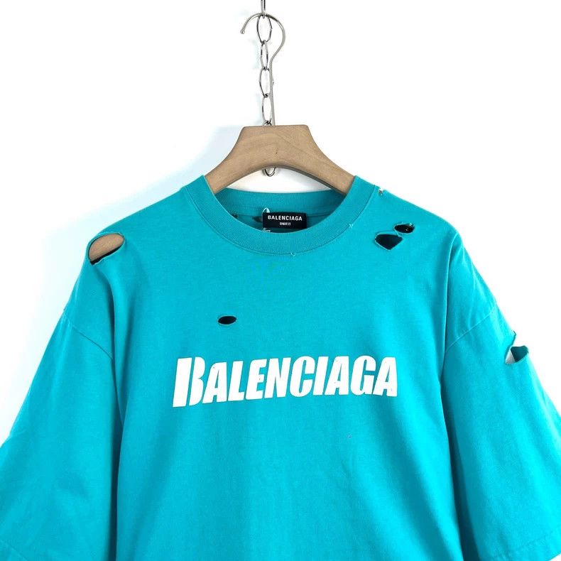 Balenciaga Balenciaga Blue ripped print logo round neck T-shirt Size US XS / EU 42 / 0 - 3 Thumbnail