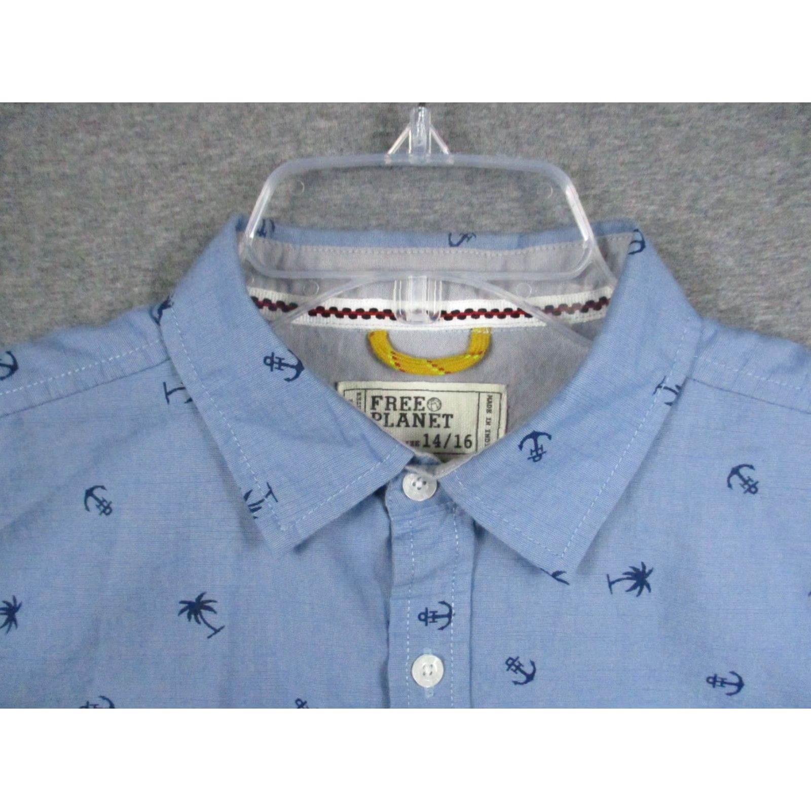 Vintage Free Planet Shirt Mens 14/16 Short Sleeve Button Up Blue Nautical Palm Tree 90s? Size US S / EU 44-46 / 1 - 2 Thumbnail
