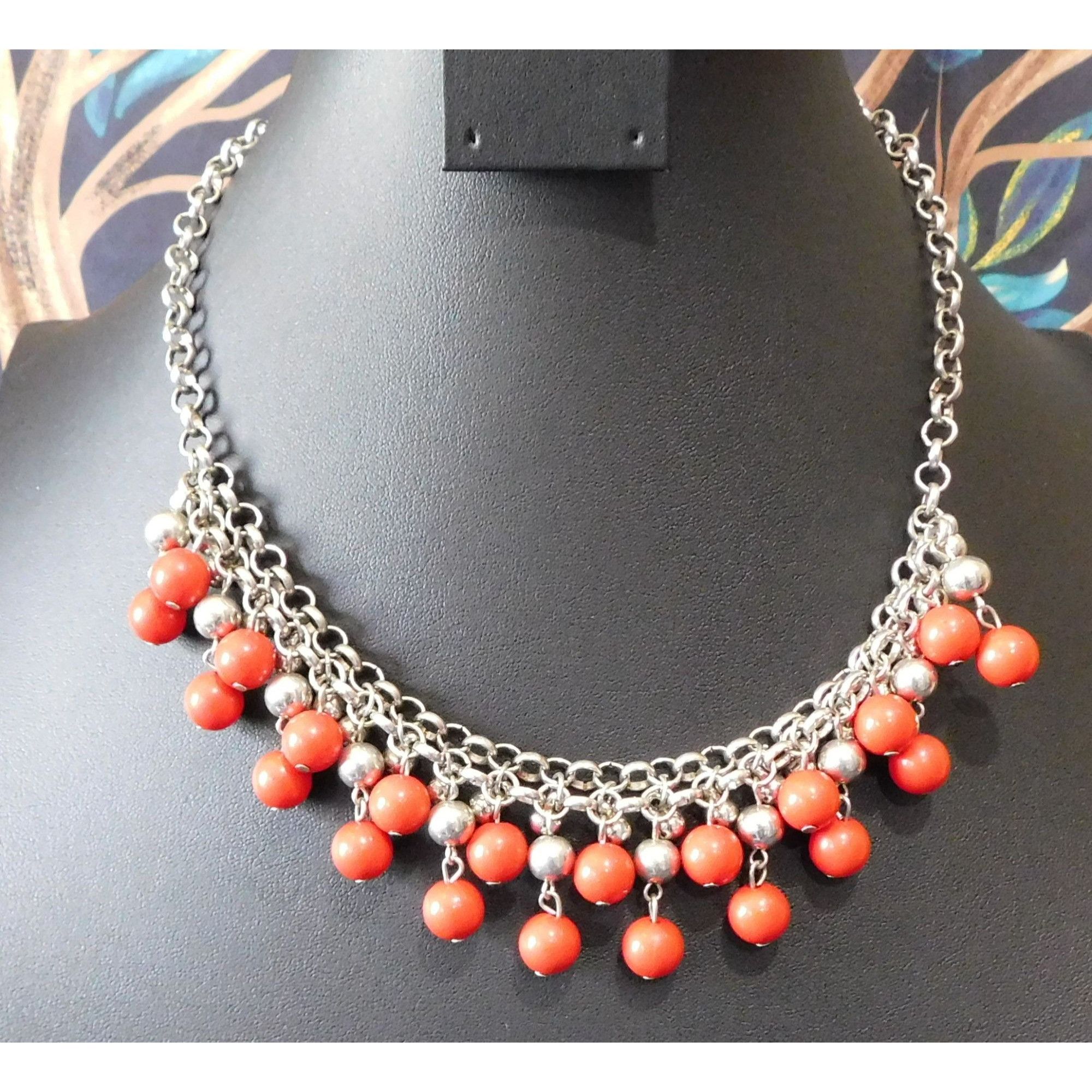 Other Elegant Bohemian Red And Silver Tone Ball Fringe Necklace Size ONE SIZE - 1 Thumbnail