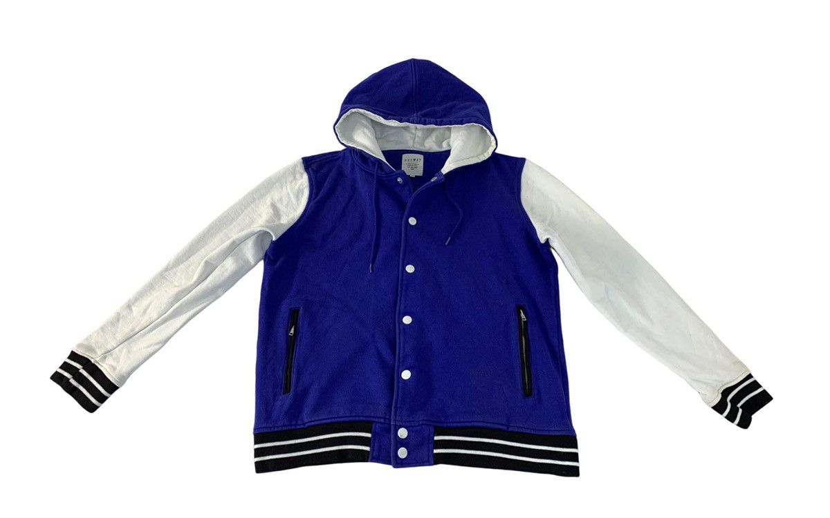 image of Varsity Jacket Browny Simple Varsity Bomber Hooded Jacket Snap Button in Blue, Women's (Size Medium