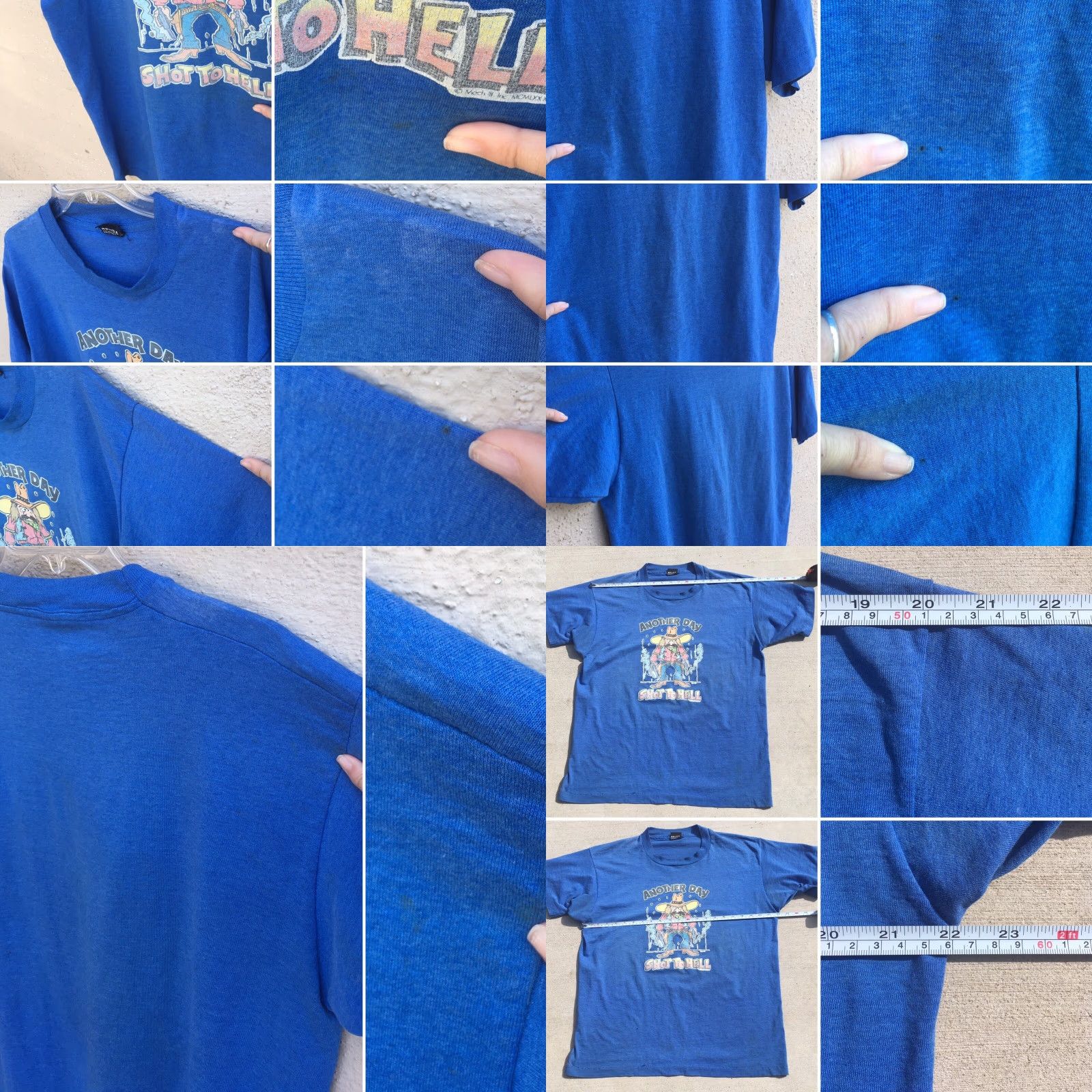 Vintage VINTAGE Screen Stars T-Shirt 1980s XL Blue Men Short Sleeve Graphic Tee Cowboy Iron On Another Day Shot To Hell 80s Size US XL / EU 56 / 4 - 8 Thumbnail