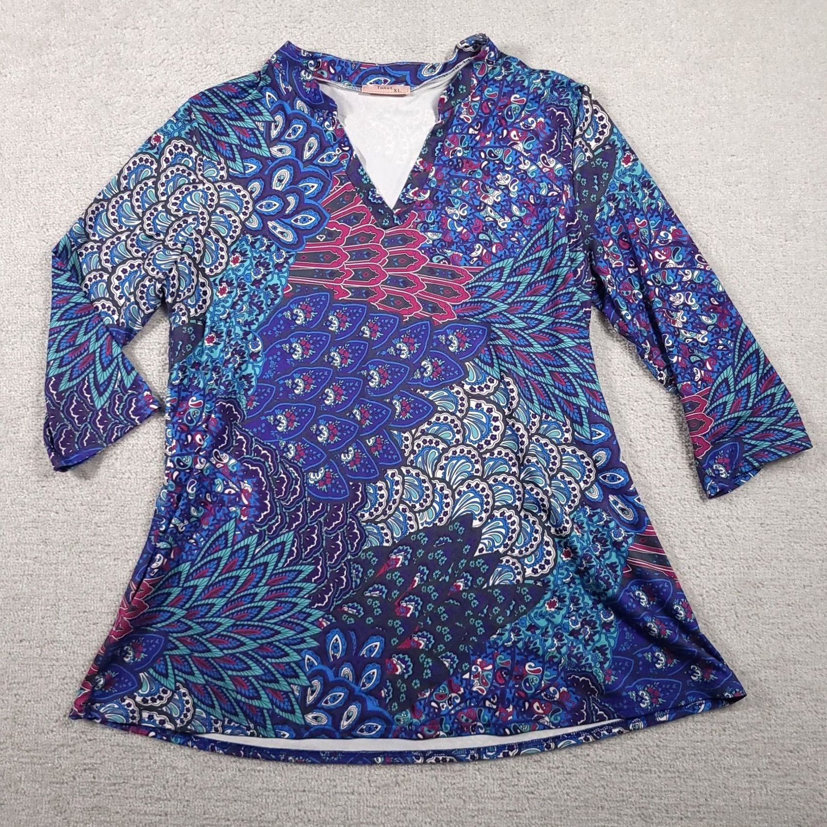 Vintage Tanst Lightweight Tunic Shirt Women's XL Blue Paisley Print V-Neck 3/4 Sleeve Size XL / US 12-14 / IT 48-50 - 2 Thumbnail