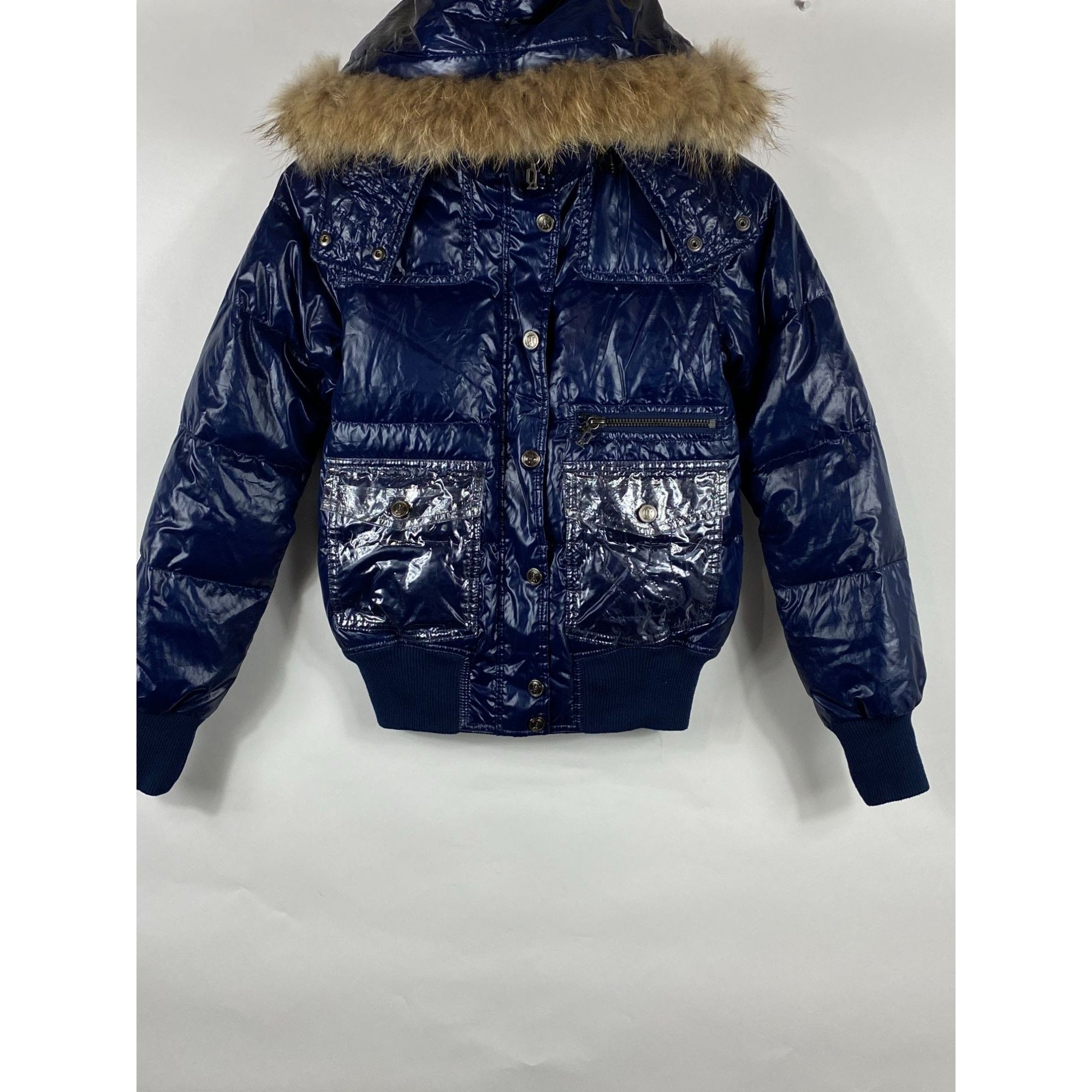 image of Vntg John Galliano Fur Hoodie Patent Puffer Jacket Pvc Pocke in Blue, Women's (Size Small)