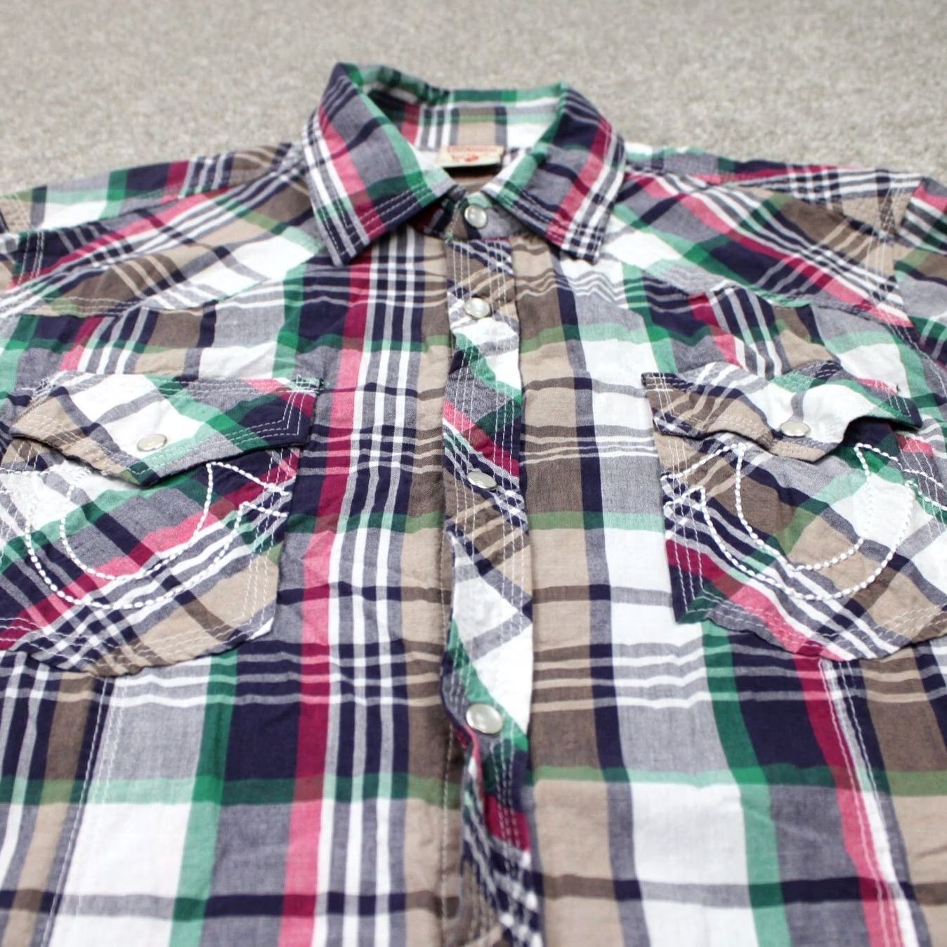 True Religion True Religion Shirt Mens 2XL Plaid Button-Up Snap Short Sleeve Red Green White Gray Cotton 100% Cotton Western Cowboy Vintage No Size US XXL / EU 58 / 5 - 4 Thumbnail