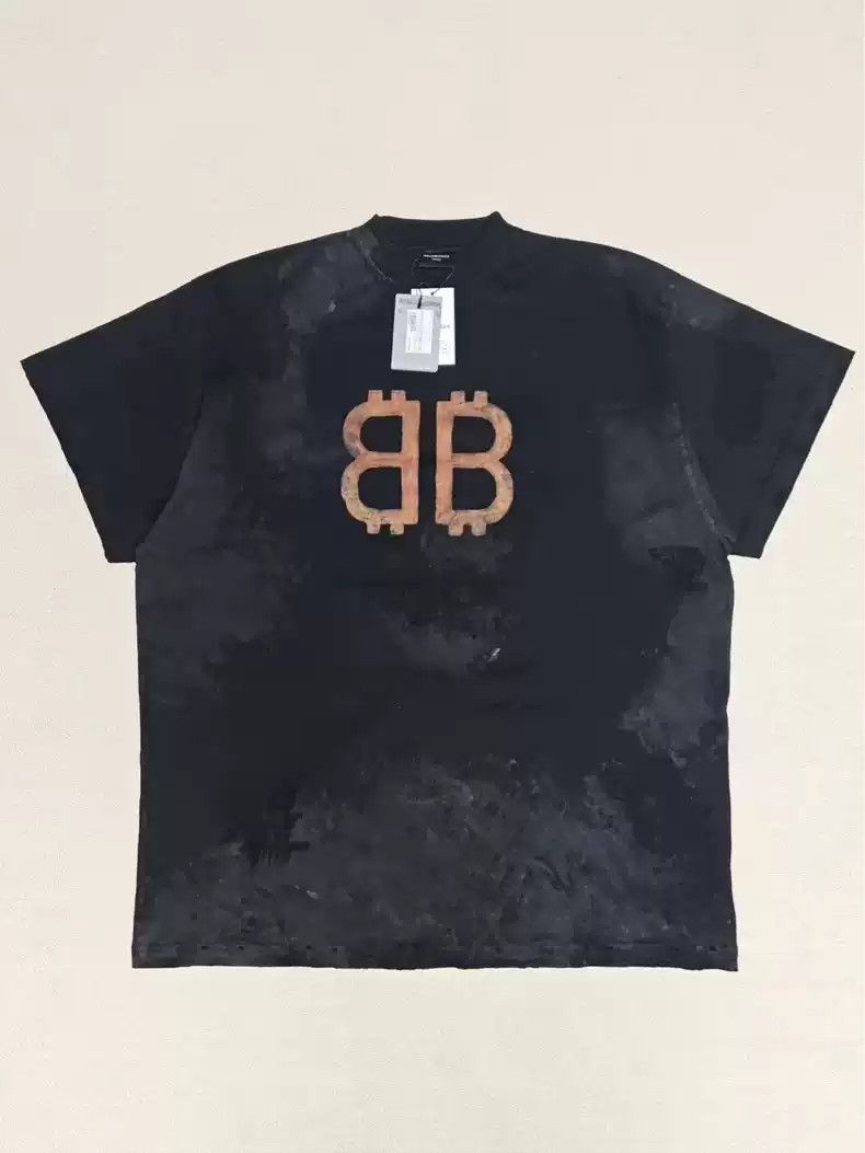 Balenciaga 23fw mud dyed Bitcoin distressed short sleeved T-shirt