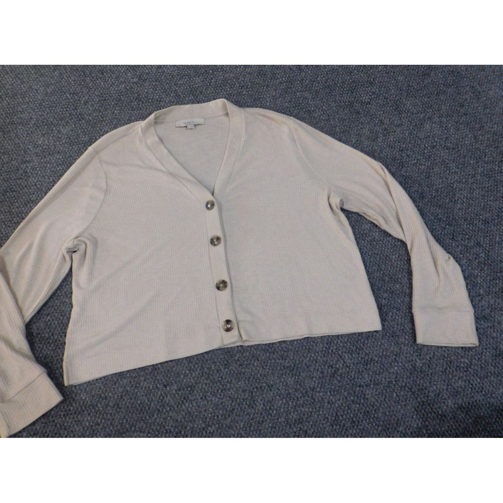 Loft LOFT Cardigan Sweater XL Beige Knit Rib Knit V-Neck Button Womens Stretch Regular Size XL / US 12-14 / IT 48-50 - 4 Thumbnail