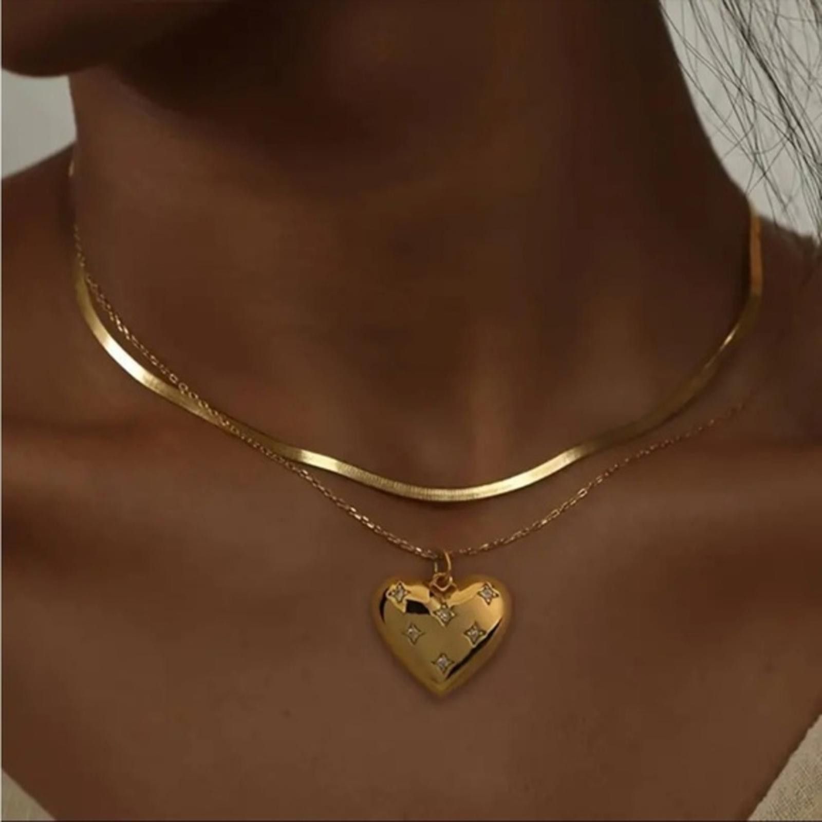 Womens Necklace Heart Pendant 18K Gold Plated Stainless