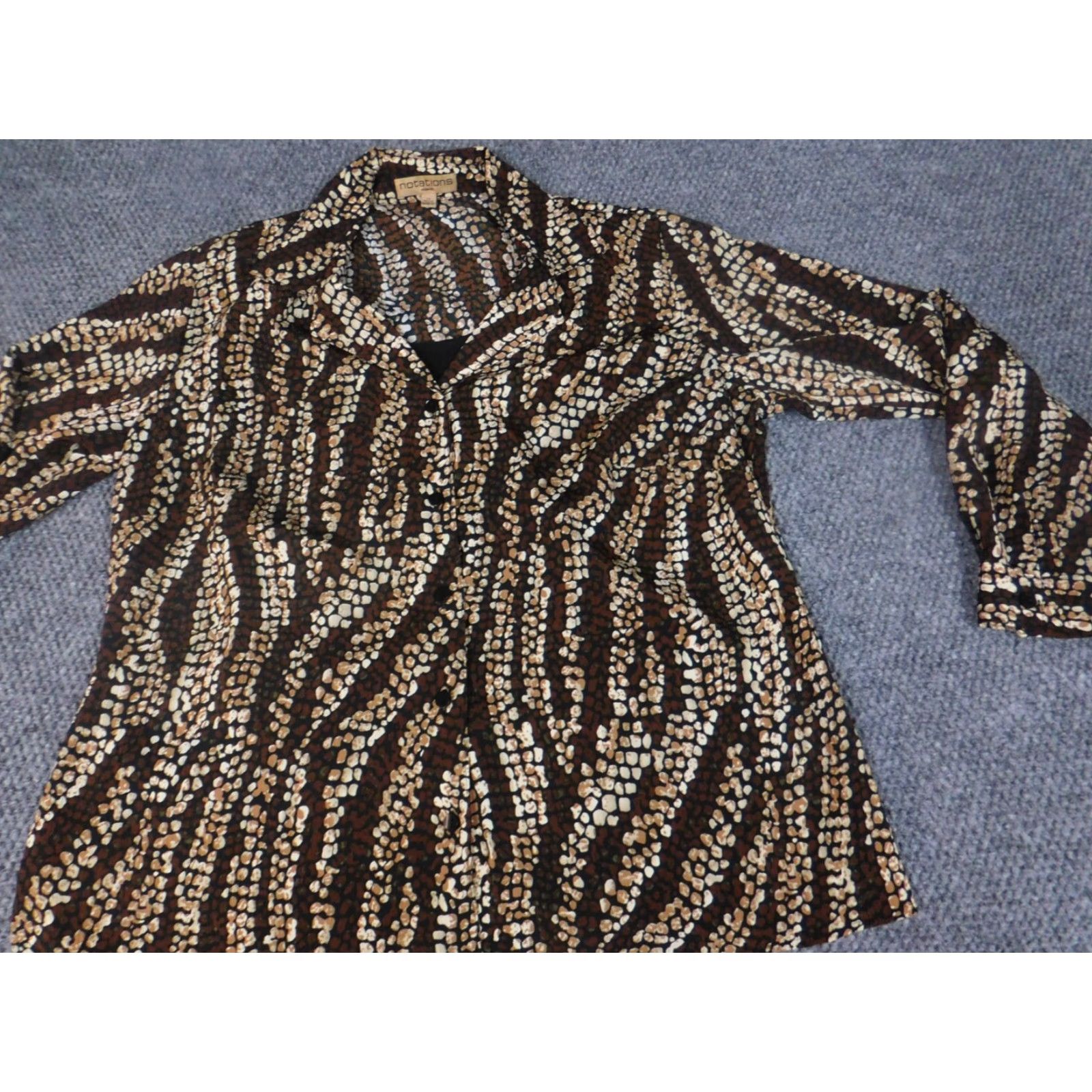 Vintage Notations Button-Up Blouse 1X Plus Brown Short Sleeve Crew Neck Pullover Casual Polyester Floral Down Fit Regular Womens Size XL / US 12-14 / IT 48-50 - 3 Thumbnail