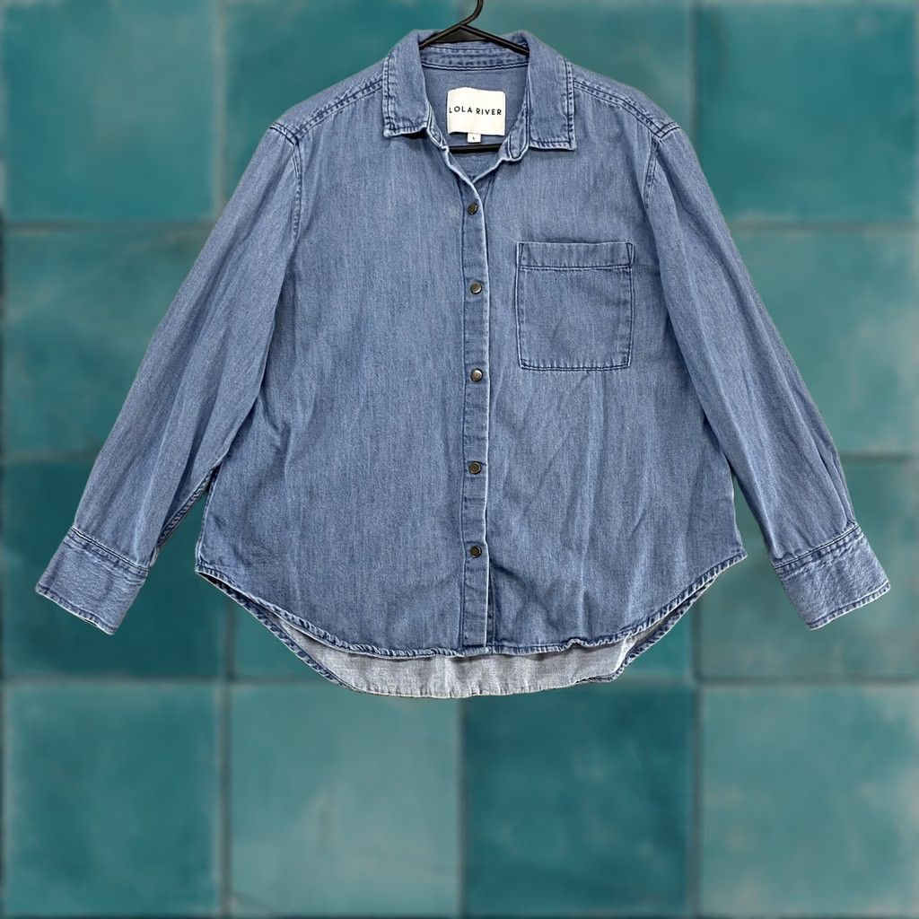 Vintage Lola River Chambray Shirt Womens Large Blue Cotton Button Up Long Sleeve Top Size L / US 10 / IT 46 - 1 Thumbnail