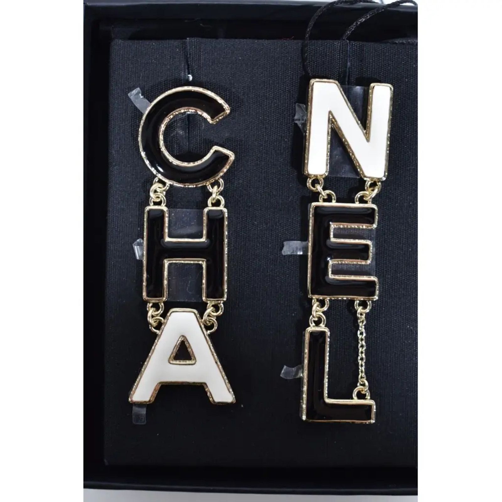 Chanel Chanel Gold CHA NEL Letter Logo Large Dangle Drop Earrings Size ONE SIZE - 3 Thumbnail