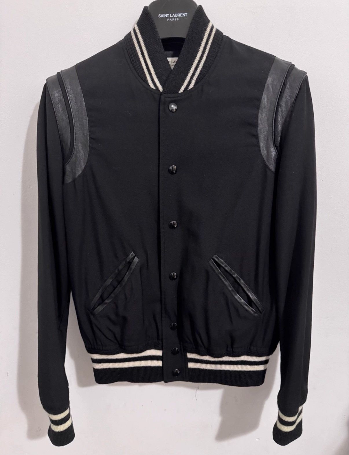 Saint Laurent Paris Saint Laurent "Black Knight" Leather-Paneled Varsity Jacket Size US S / EU 44-46 / 1 - 1 Thumbnail
