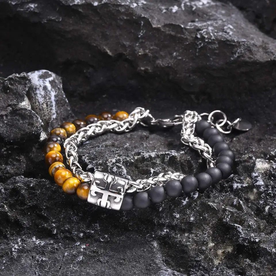 Jewelry × Vintage Double Layer Beaded Bracelet Matte Agate Tiger Eye Black St Size ONE SIZE - 5 Thumbnail