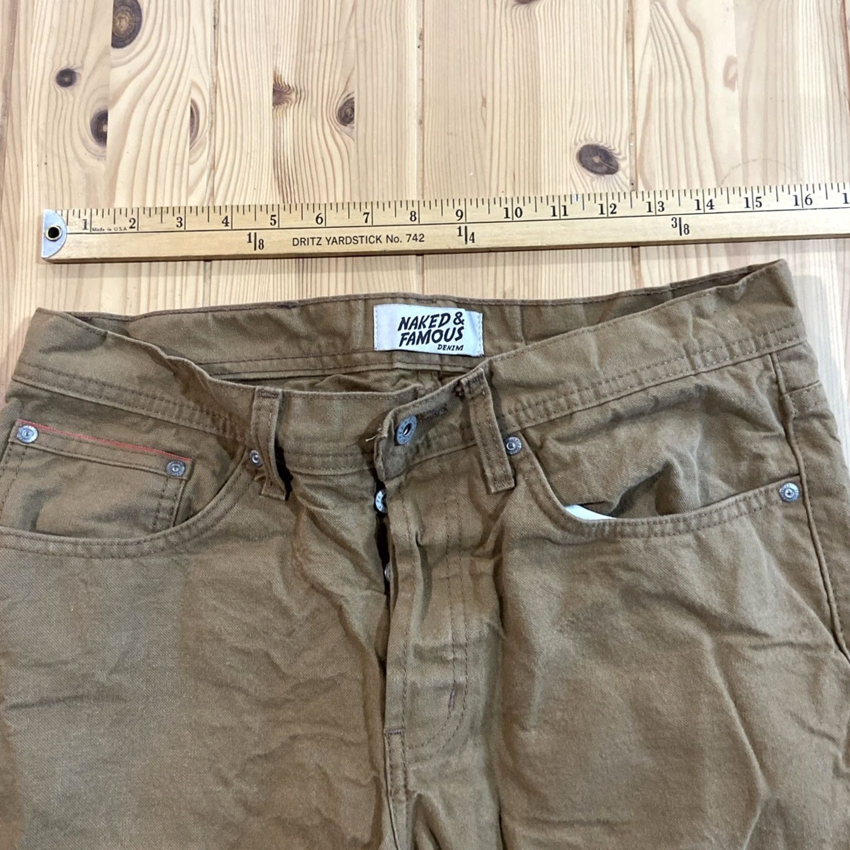 Vintage Naked & Famous Denim Jeans 30x28 Tan Selvedge Button Fly Straight 5-Pocket Denim Dark Cotton Blend Regular Mens Brown City Preppy 2000s? Size US 30 / EU 46 - 3 Thumbnail