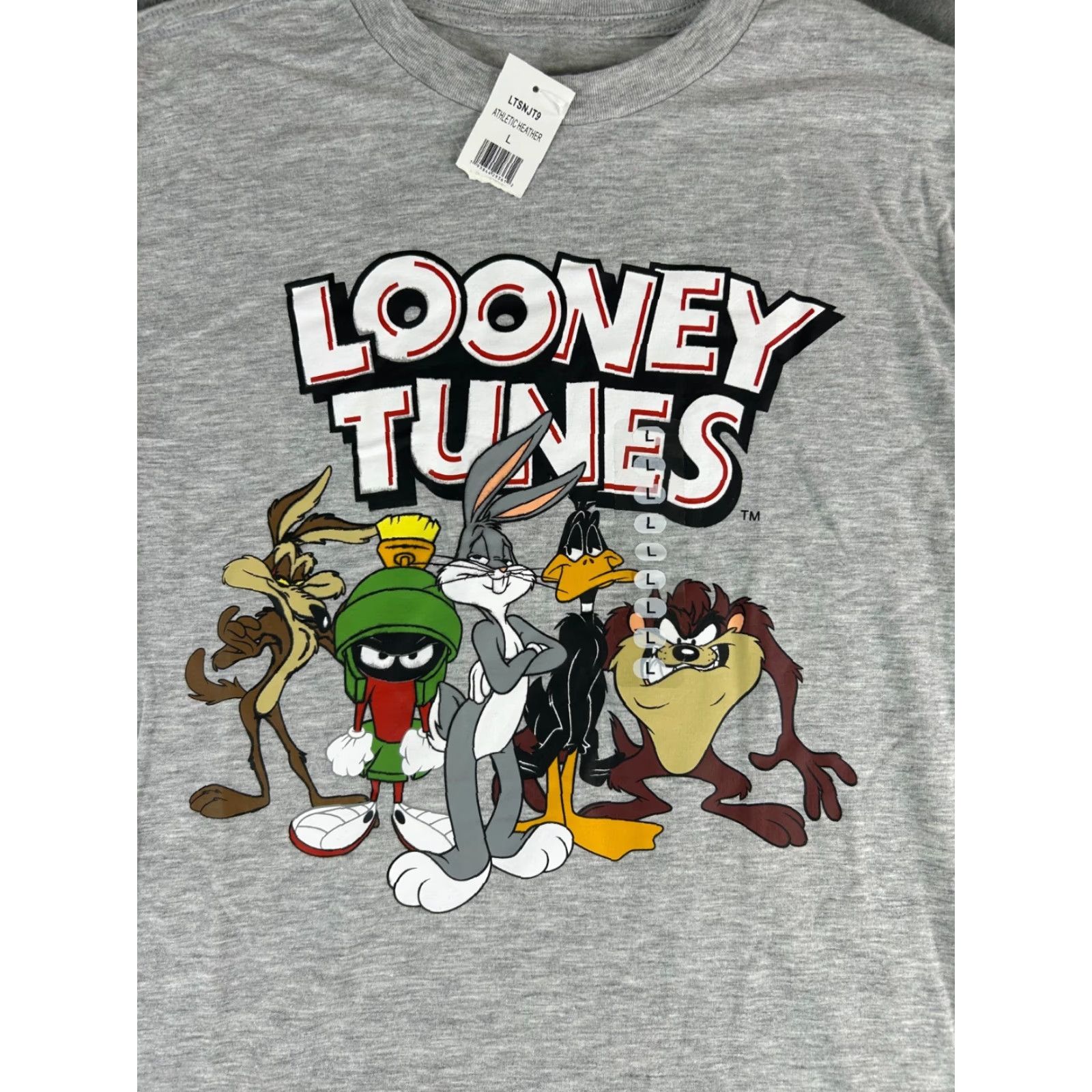 Vintage Looney Tunes Graphic Tee Men’s Large Heather Grey NWT crew neck Bugs Bunny Daffy Duck Taz Marvin the Martian 80s 90s Cartoon Retro Card Size US L / EU 52-54 / 3 - 2 Thumbnail